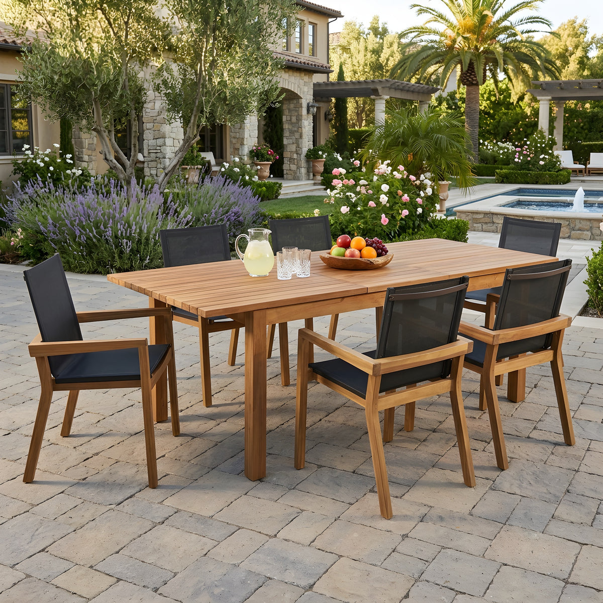 7-teiliges Essgruppe aus Akazienholz, modernes Set mit 6 Stühlen und 1 großem Tisch, Essmöbel-Set für Rasen, Garten, Terrasse, Poolbereich, Teak