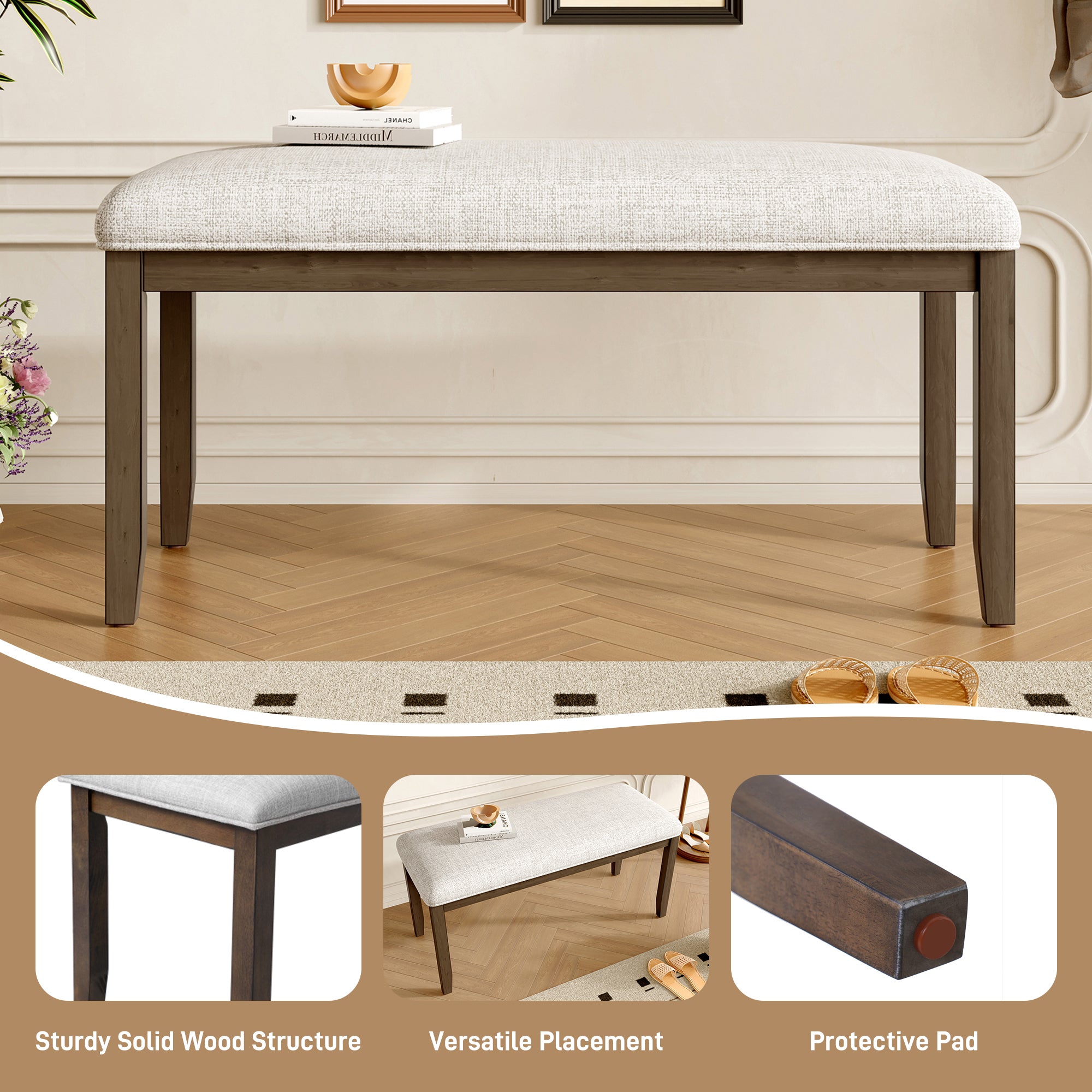 Upholstered Bench for Bedroom End of Bed,38-inch Entryway Bench for Living Room,Dining Bench with Padded Seat and Solid Wood Leg for Kitchen Bedroom,Indoor and Hallway (Bench, Beige+Brown) - Grand Goldman Shop