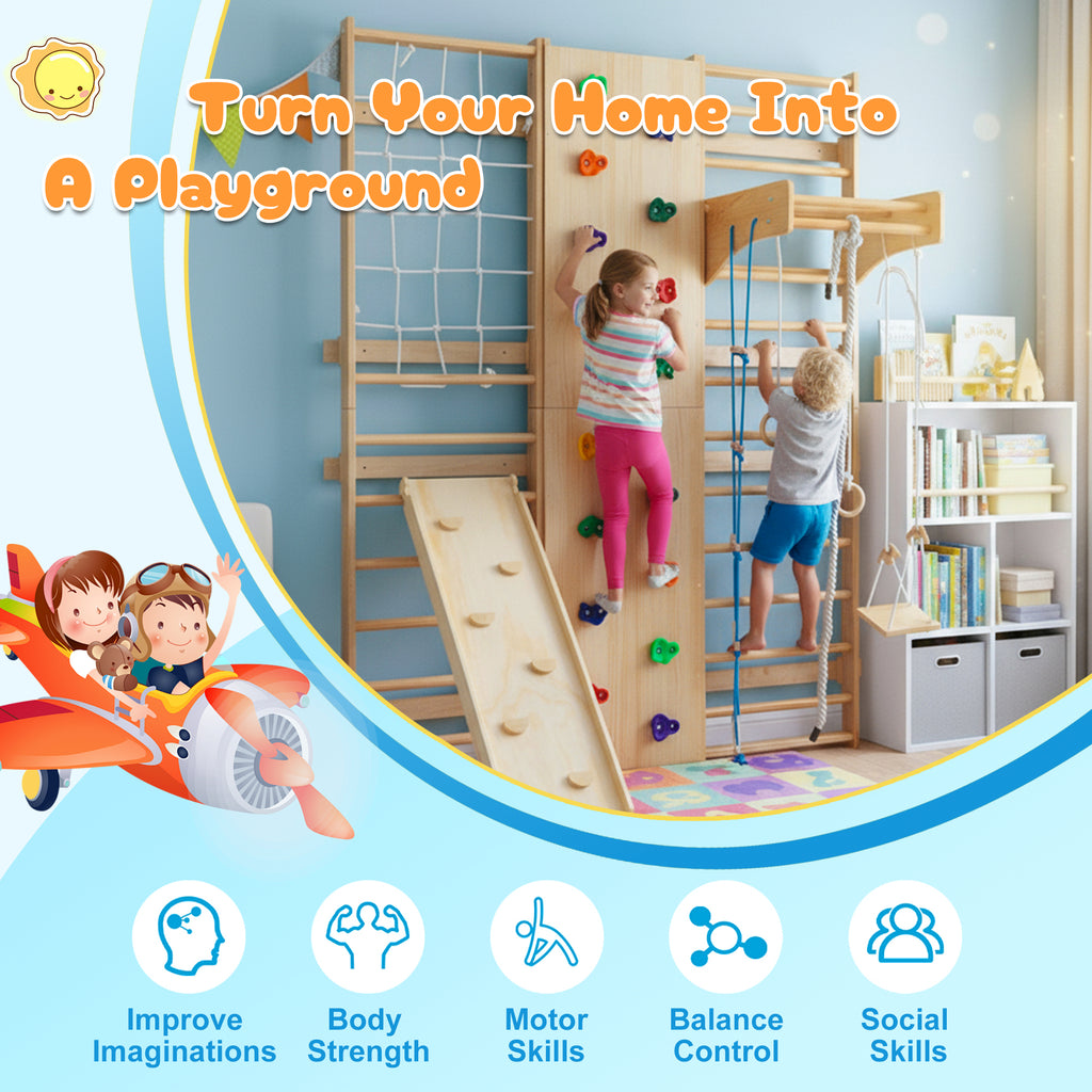 All-in-One 10-in-1 Indoor Climbing Set - Featuring a Rock Climbing Wall, Wooden Swings, Gymnastic Rings, Rope Ladders, and St