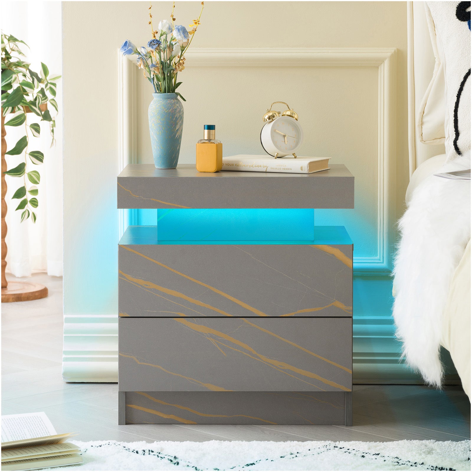 Nightstand LED Bedside Table Cabinet Lights Modern End Side with 2 Drawers for Bedroom (Grey Gold) - Grand Goldman Shop