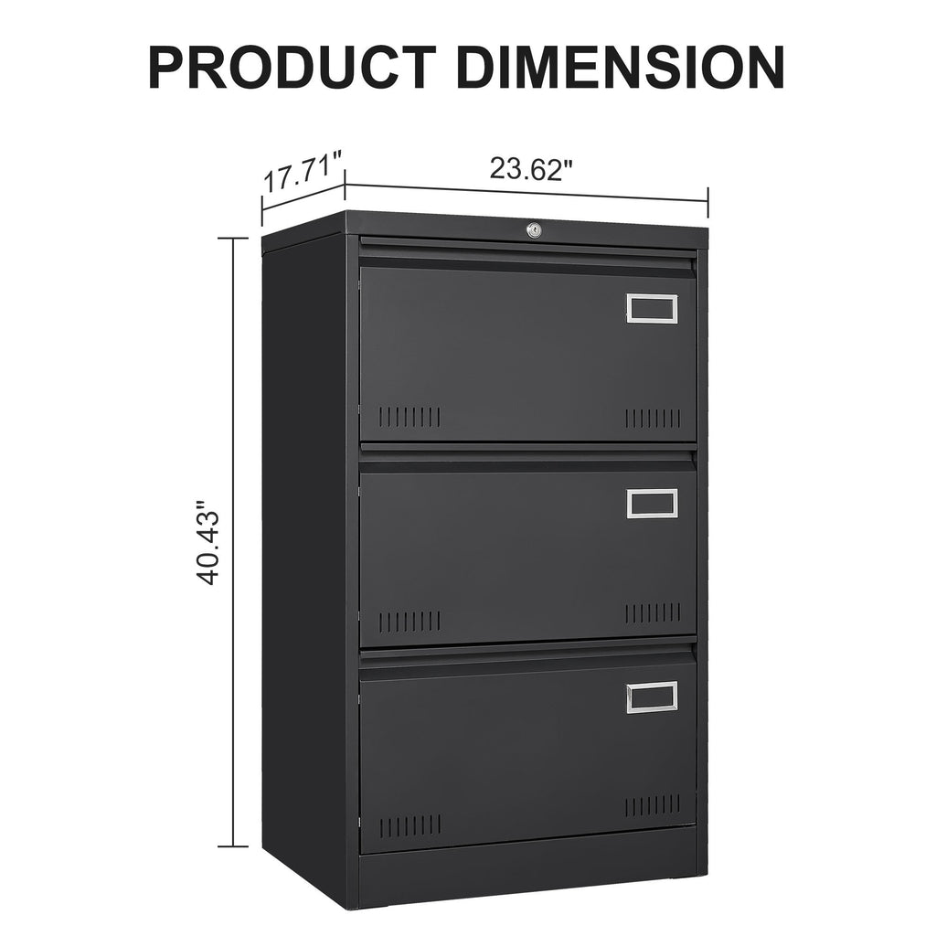 Black Metal 3-Drawer Lateral Filing Cabinet with Lock for Home and Office - Grand Goldman