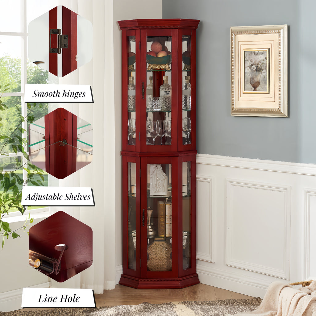 Corner Curio Cabinet Lighted Corner Display, Glass Display Shelf Shelving Bar cabinet with Tempered Glass Door, Bar Cabinet,Cabinet with Adjustable Shelf Glass Cabinet Shelves Bead Bulb Included - Grand Goldman Shop