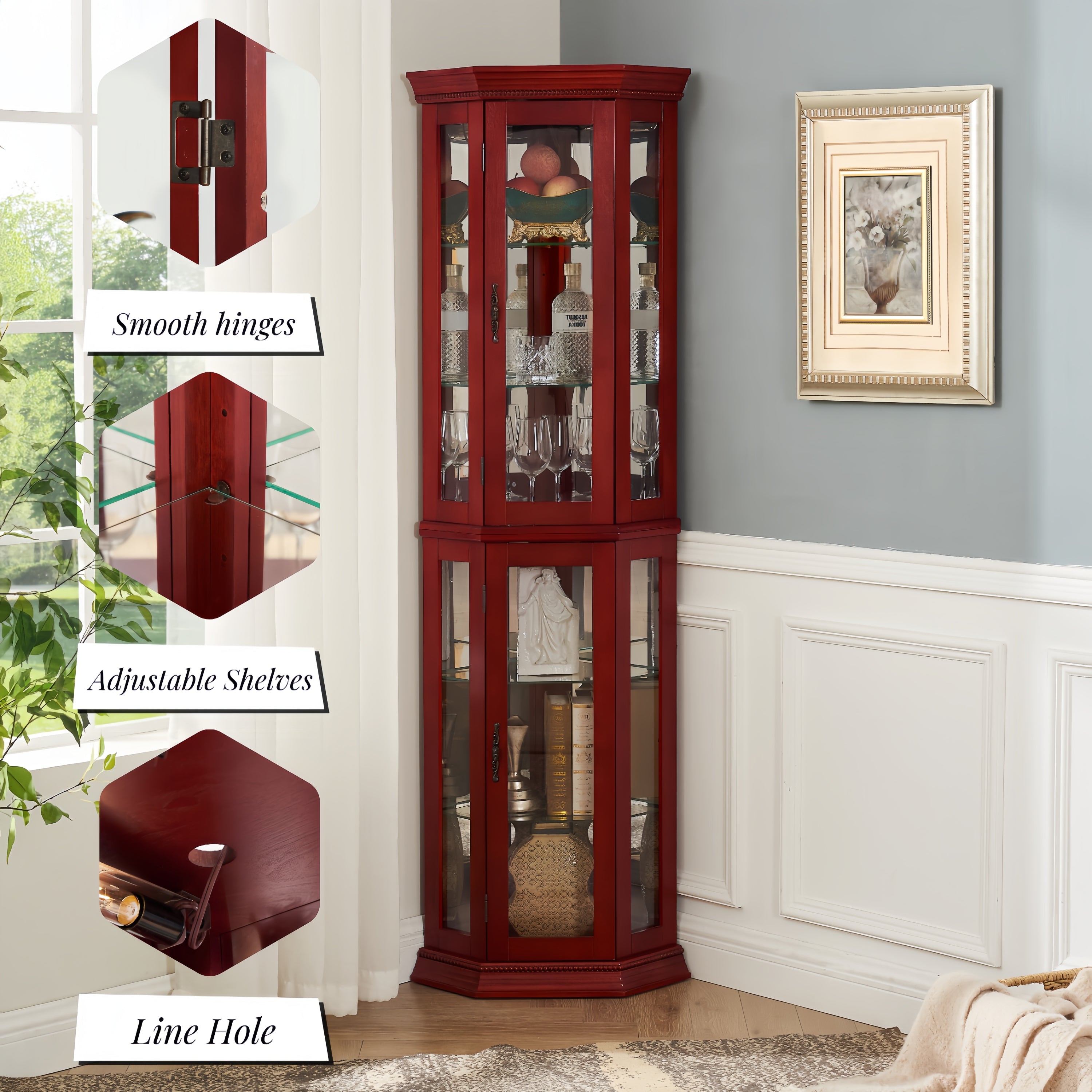 Corner Curio Cabinet Lighted Corner Display, Glass Display Shelf Shelving Bar cabinet with Tempered Glass Door, Bar Cabinet,Cabinet with Adjustable Shelf Glass Cabinet Shelves Bead Bulb Included - Grand Goldman Shop