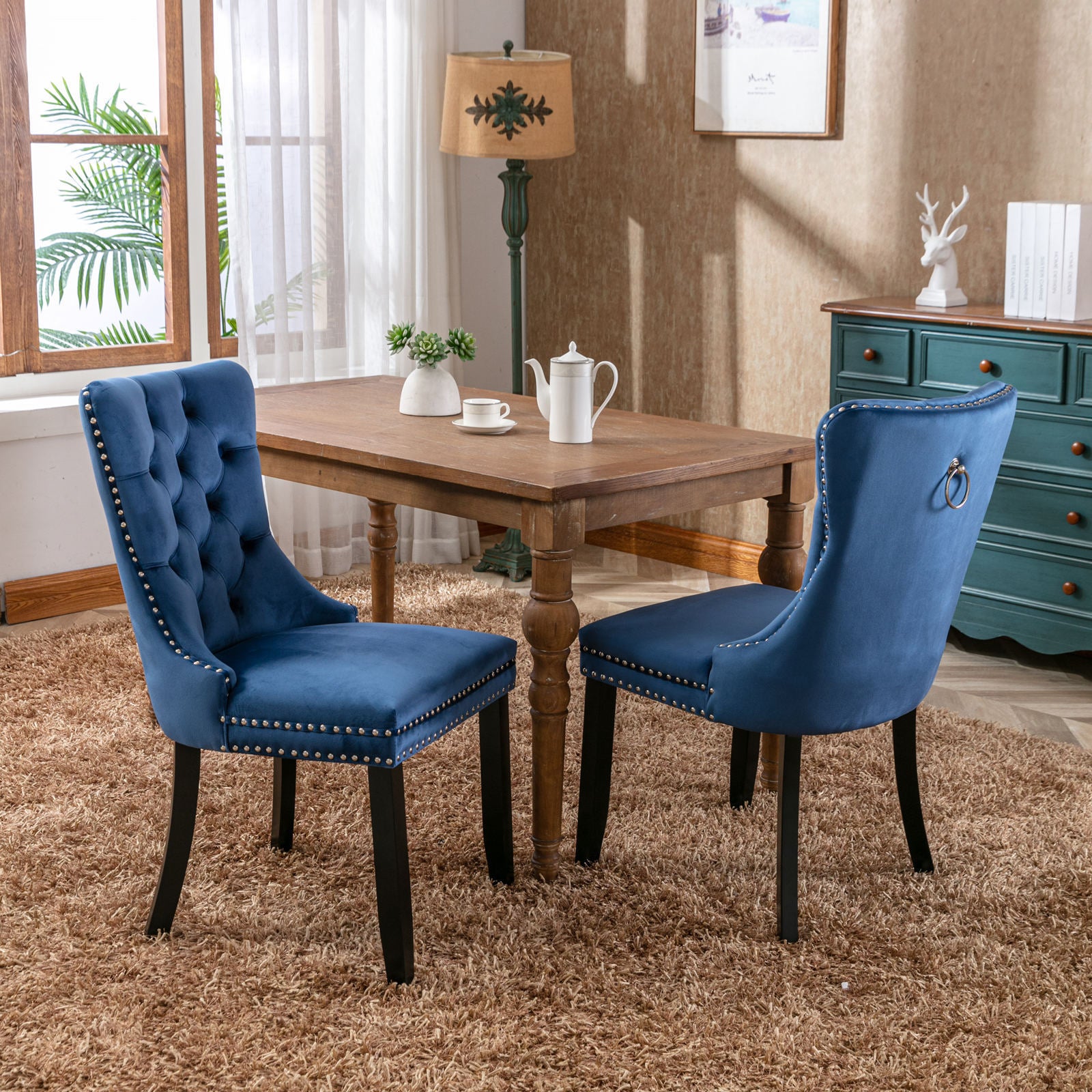Nikki Collection Modern, High-end Tufted Solid Wood Contemporary Velvet Upholstered Dining Chair with Wood Legs Nailhead Trim 2-Pcs Set,Blue, SW2001BL - Grand Goldman Shop