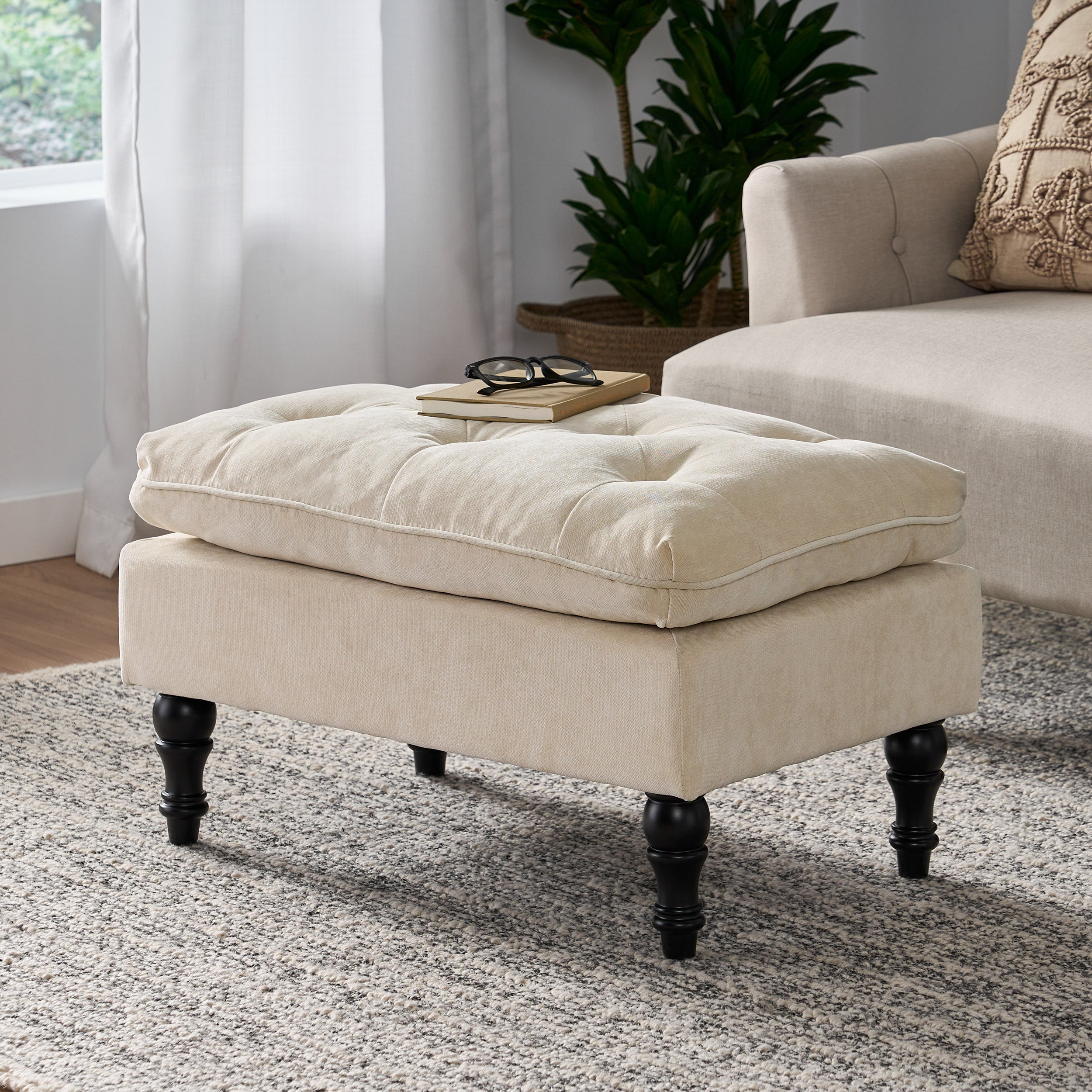 LOFTON Pillow Top Ottoman with Button Tufting in Cream Fabric, 28 Inch - Grand Goldman Shop
