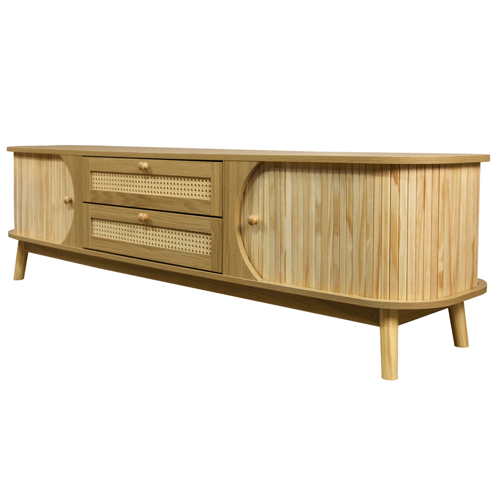 Modern Farmhouse Rattan TV Stand for TVs up to 75'', Solid Wood Legs, Natural Wood Finish Media Console with Storage Drawers and Sliding Doors - Grand Goldman Shop