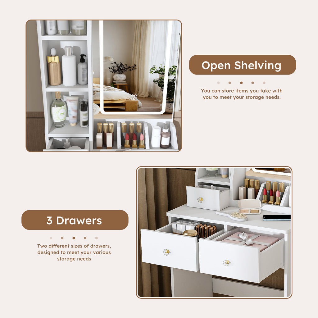Modern White Vanity Desk with 3 LED Lighting Modes, 3 Drawers, Open Shelves, Hair Dryer Holder, and Dressing Chair - MDF Construction - Grand Goldman Shop