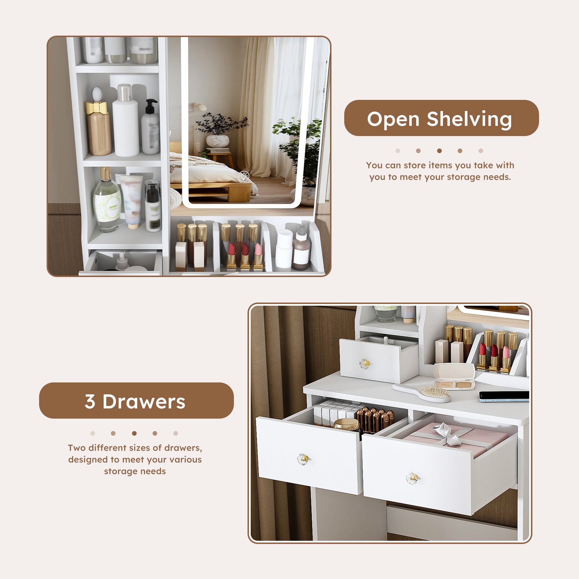 Modern White Vanity Desk with 3 LED Lighting Modes, 3 Drawers, Open Shelves, Hair Dryer Holder, and Dressing Chair - MDF Construction - Grand Goldman Shop