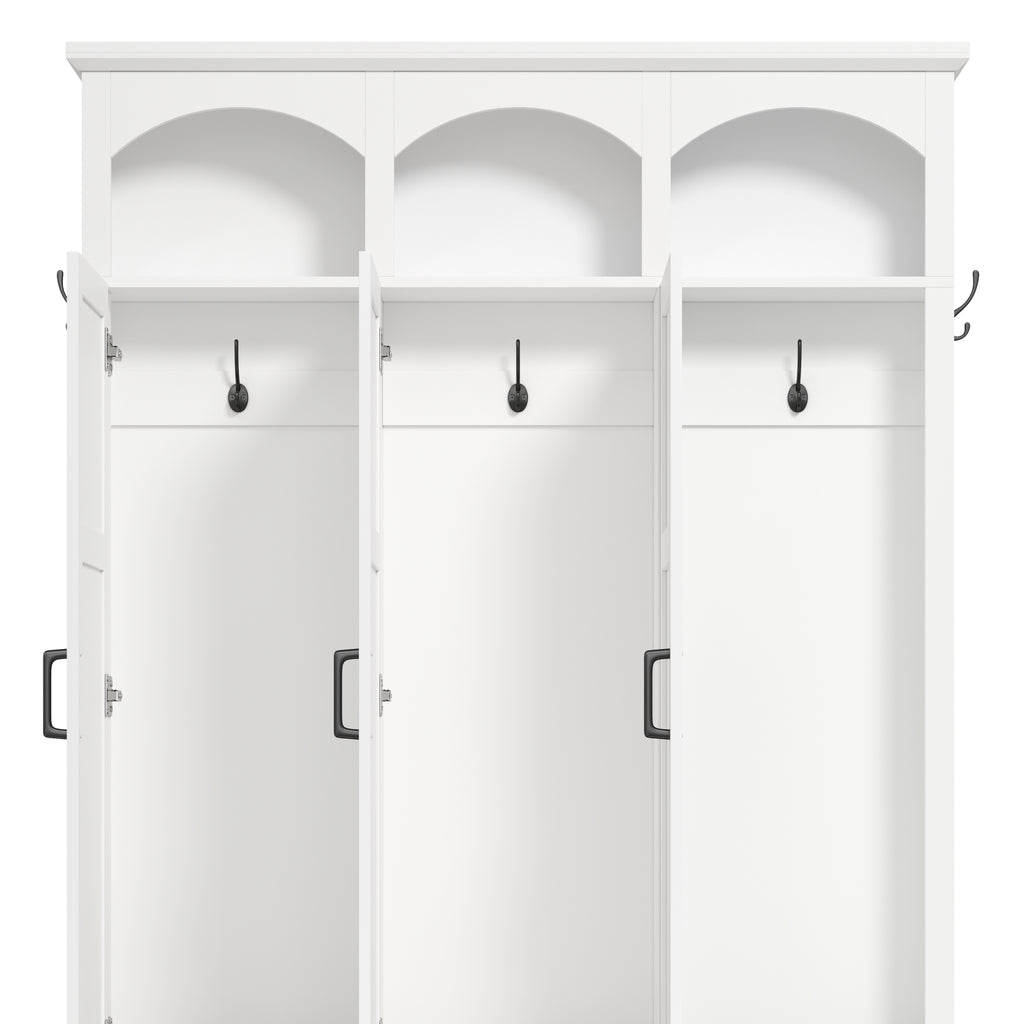 Classic Arched Design Hall Tree with 3 Hidden Storage, Farmhouse Mudroom with Walnut Bench, Mid-Century All-in-One Entryway Organizer with 5 Hooks for Hallway, White - Grand Goldman Shop