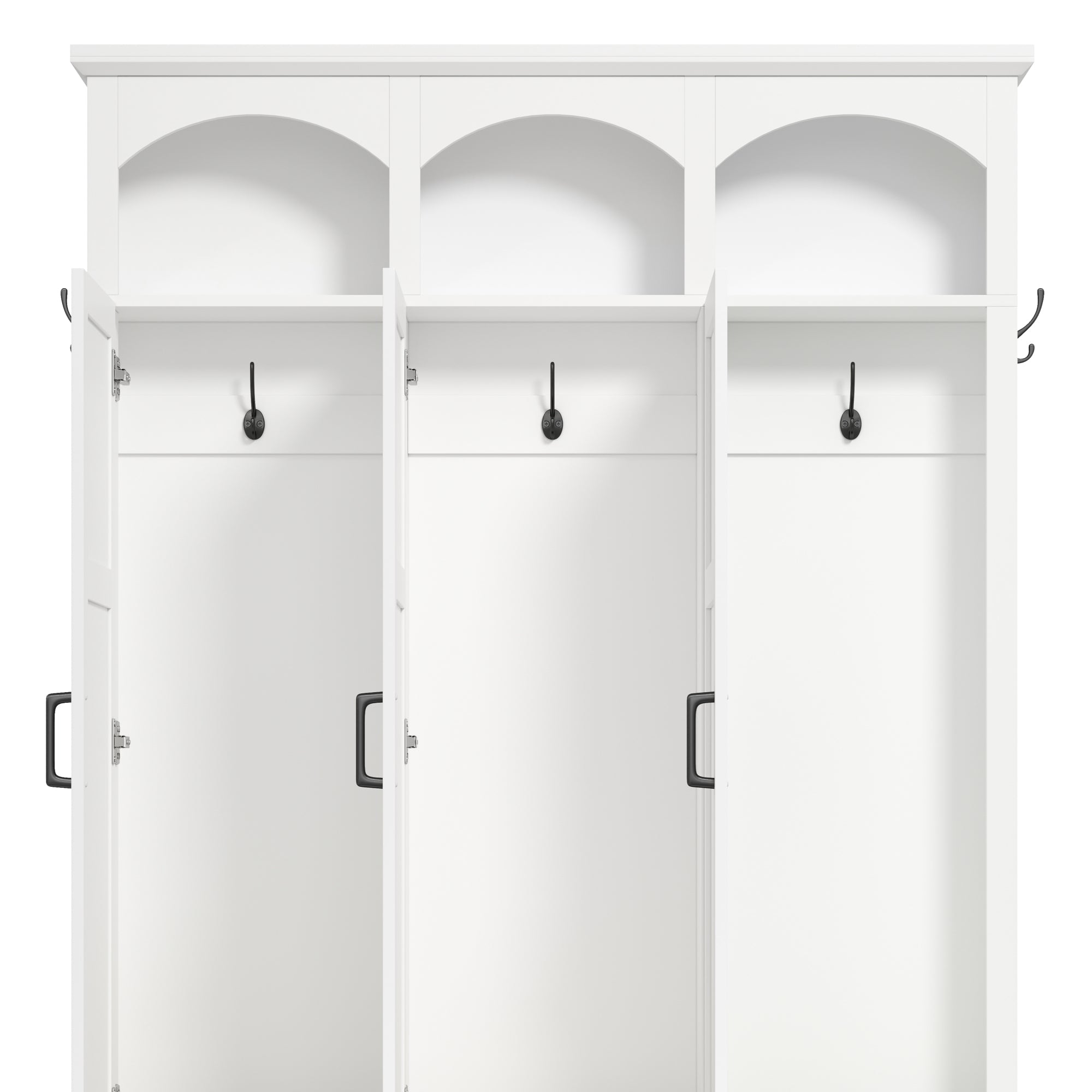 Classic Arched Design Hall Tree with 3 Hidden Storage, Farmhouse Mudroom with Walnut Bench, Mid-Century All-in-One Entryway Organizer with 5 Hooks for Hallway, White - Grand Goldman Shop