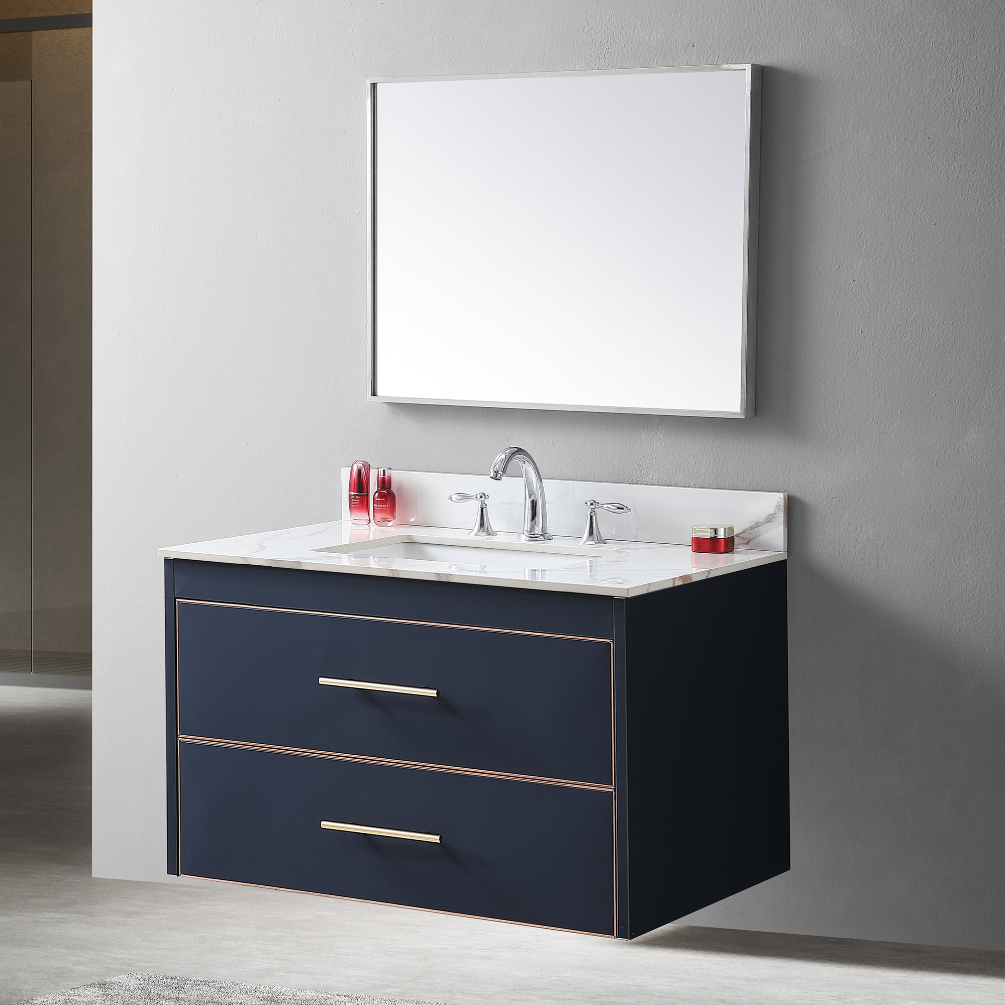 Montary 37inch bathroom vanity top stone carrara gold new style tops with rectangle undermount ceramic sink and 3 faucet hole for bathroom cabinet - Grand Goldman Shop