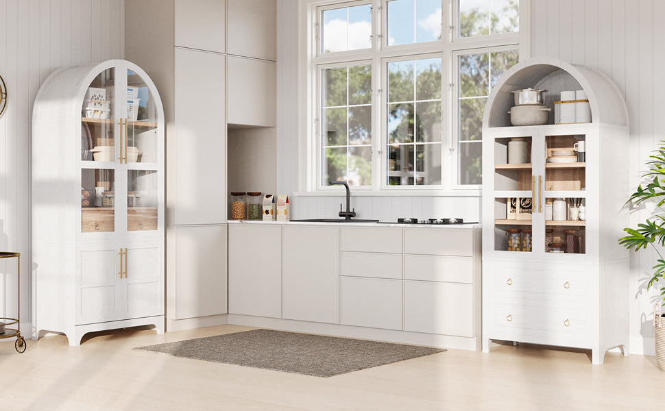 K&K 71' Tall Arched Kitchen Pantry Cabinet with Door Shelves, Farmhouse Kitchen Storage Cabinet with Open & Adjustable Shelves, Hidden Drawer & Glass Door, Cupboard for Kitchen, Dining Room, White - Grand Goldman Shop