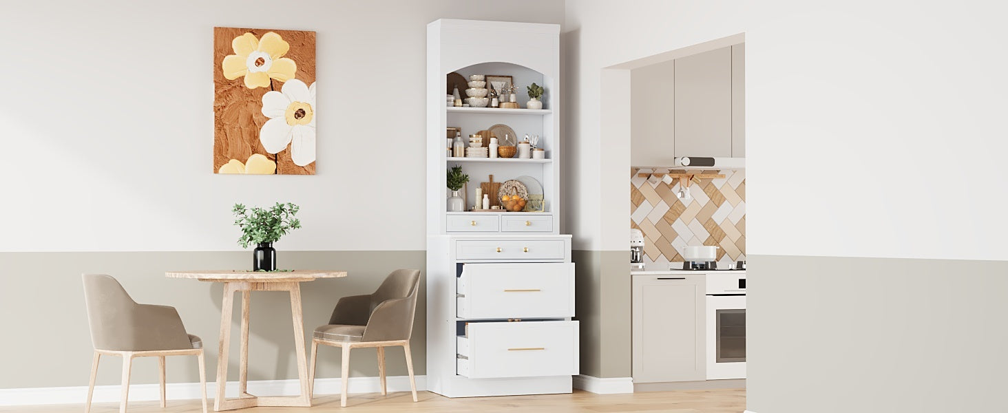 [Assembly Video Provided] TOPMAX Modern 83.7inch High Kitchen Pantry, Freestanding Tall Kitchen Hutch with Faux Marble Top, Display Cupboard Cabinet with 5 Storage Drawers and Adjustable Shelf, White - Grand Goldman Shop