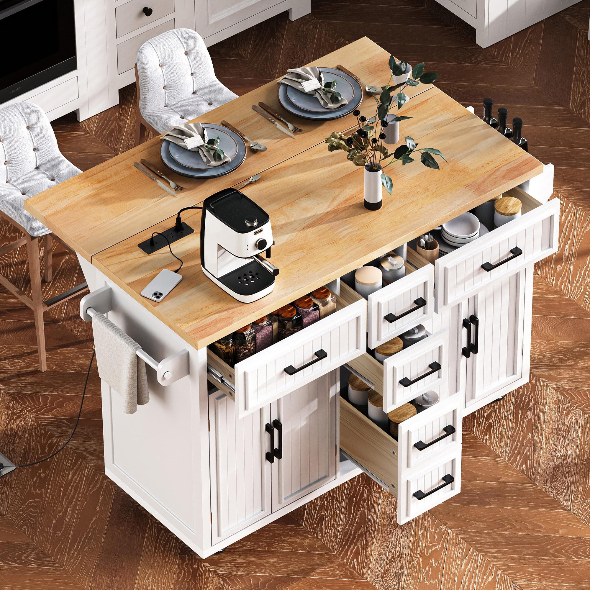 K&K 56.5'' Kitchen Island with Drop Leaf, Power Outlet, Embossed Vertical Stripe Rolling Kitchen Cart on Wheels with 4 Doors , 5 Deep Drawers and Adjustable Shelves, for Kitchen, Dining Room, White - Grand Goldman Shop