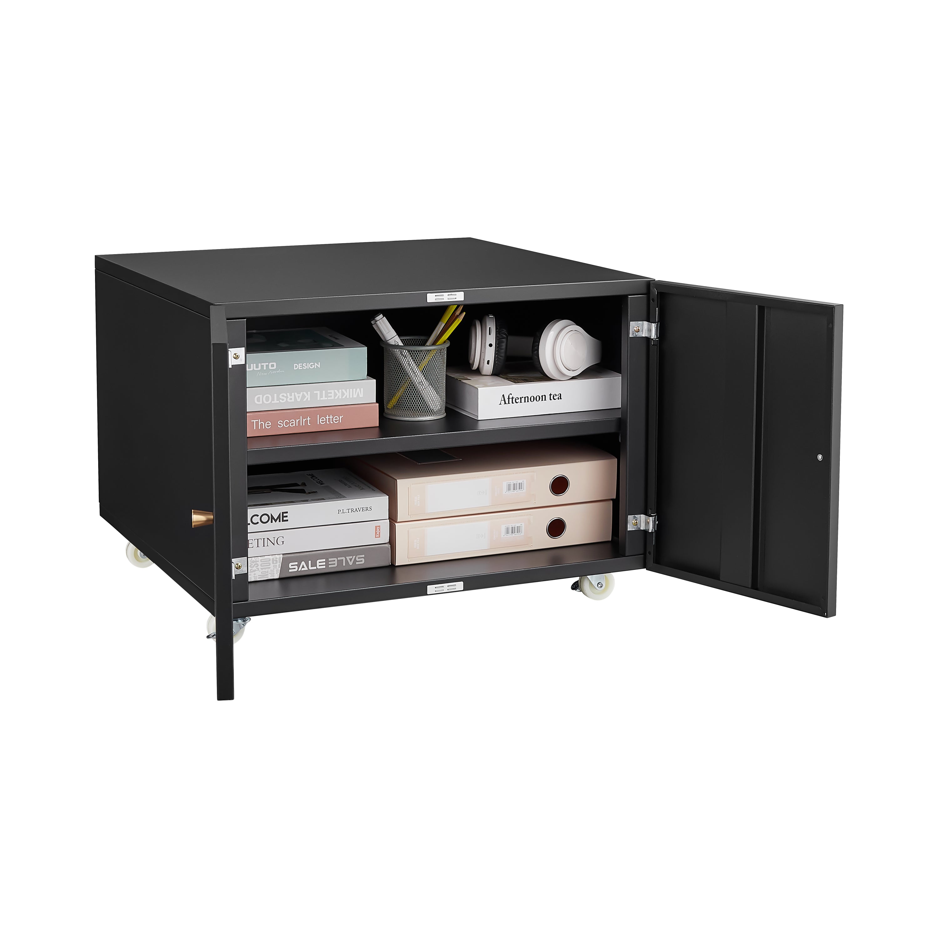 Modern Office Copier Cabinet Black 2-Door Steel Mobile Pedestal File Printer Stand | Premium Home Decor - Grand Goldman
