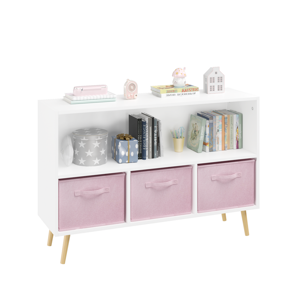 Modern Kids Bookcase with Collapsible Fabric Drawers, Children's Book Display & Toy Storage, White/Pink MDF & Pine Legs - Gra
