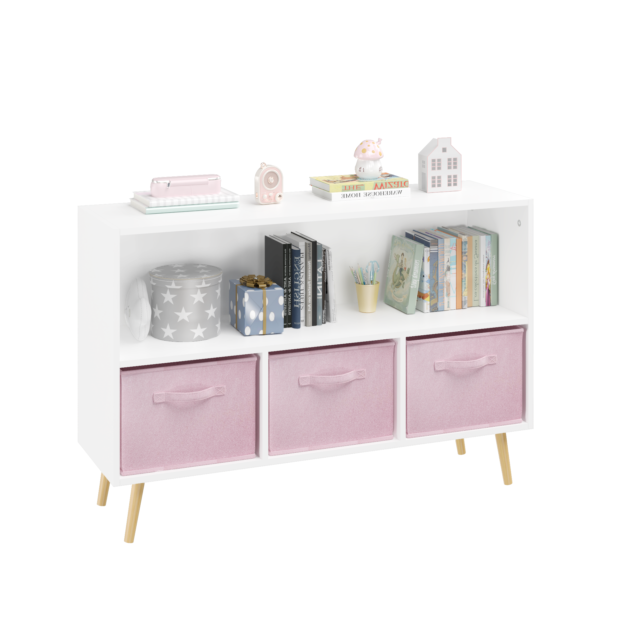 Modern Kids Bookcase with Collapsible Fabric Drawers, Children's Book Display & Toy Storage, White/Pink MDF & Pine Legs - Gra