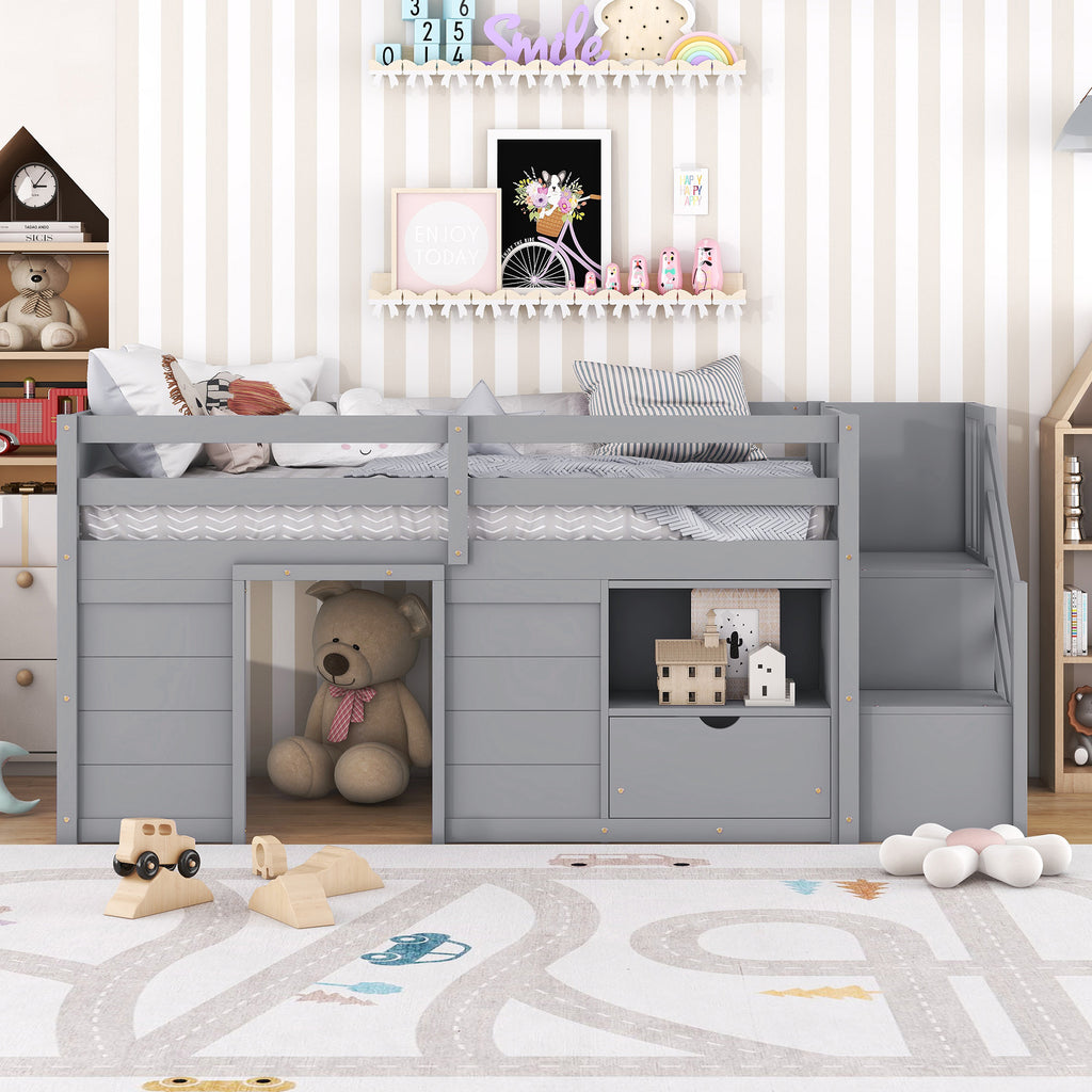 Solid Pine Wood Twin Low Loft Bed with Stair, Drawer, and Shelf in Grey Finish - Grand Goldman Shop
