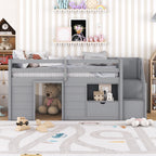 Solid Pine Wood Twin Low Loft Bed with Stair, Drawer, and Shelf in Grey Finish - Grand Goldman Shop