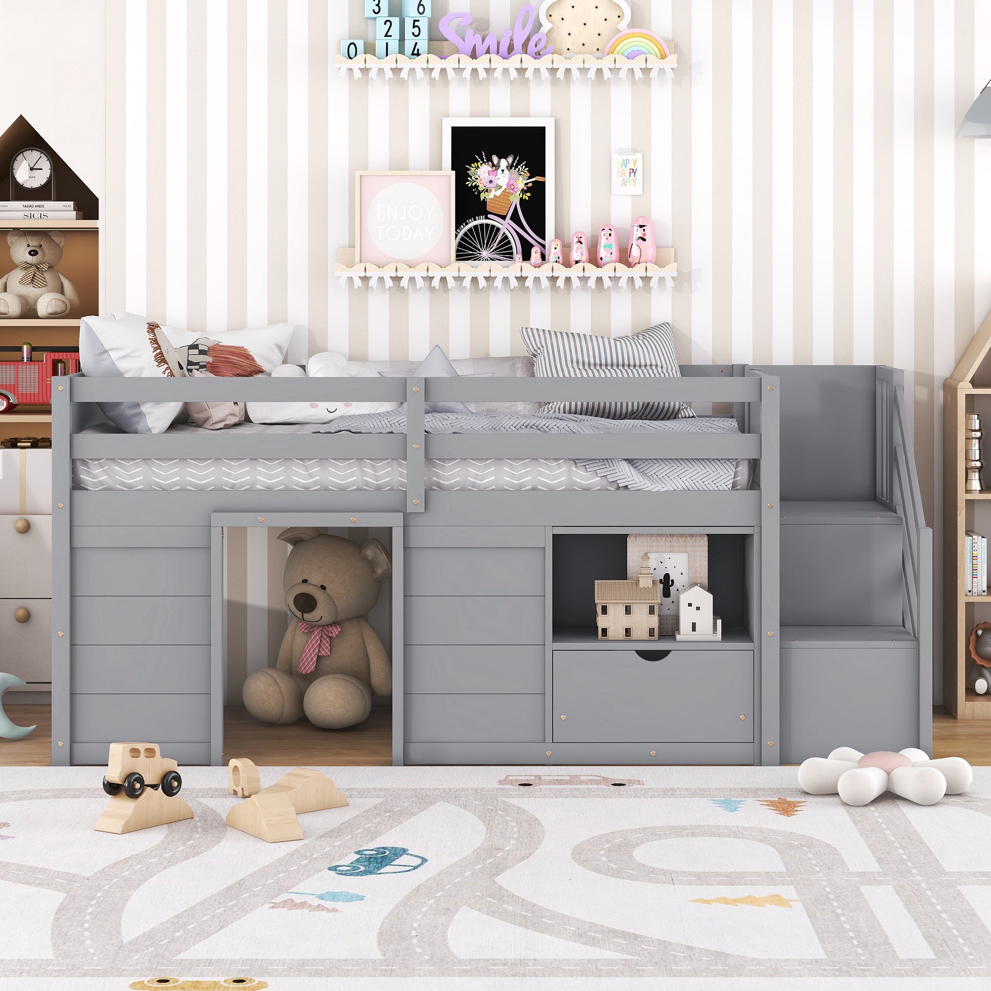 Solid Pine Wood Twin Low Loft Bed with Stair, Drawer, and Shelf in Grey Finish - Grand Goldman Shop