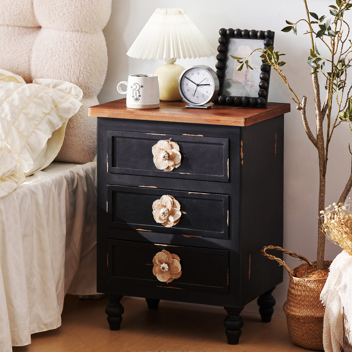 Vintage Farmhouse End Table with Floral Knobs – 19' Rustic Nightstand with 3 Drawers Gourd Legs,Bedside or Sofa Accent Table, Almost Fully Assembled, Black - Grand Goldman Shop