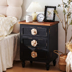 Vintage Farmhouse End Table with Floral Knobs – 19' Rustic Nightstand with 3 Drawers Gourd Legs,Bedside or Sofa Accent Table, Almost Fully Assembled, Black - Grand Goldman Shop