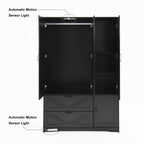 4 Doors Wardrobe Closet with Mirror, LED Wardrobe with Doors and 2 Drawers, Wooden Wardrobe Storage Cabinet with Hanging Rod, Adjustable Shelves, Black - Grand Goldman Shop