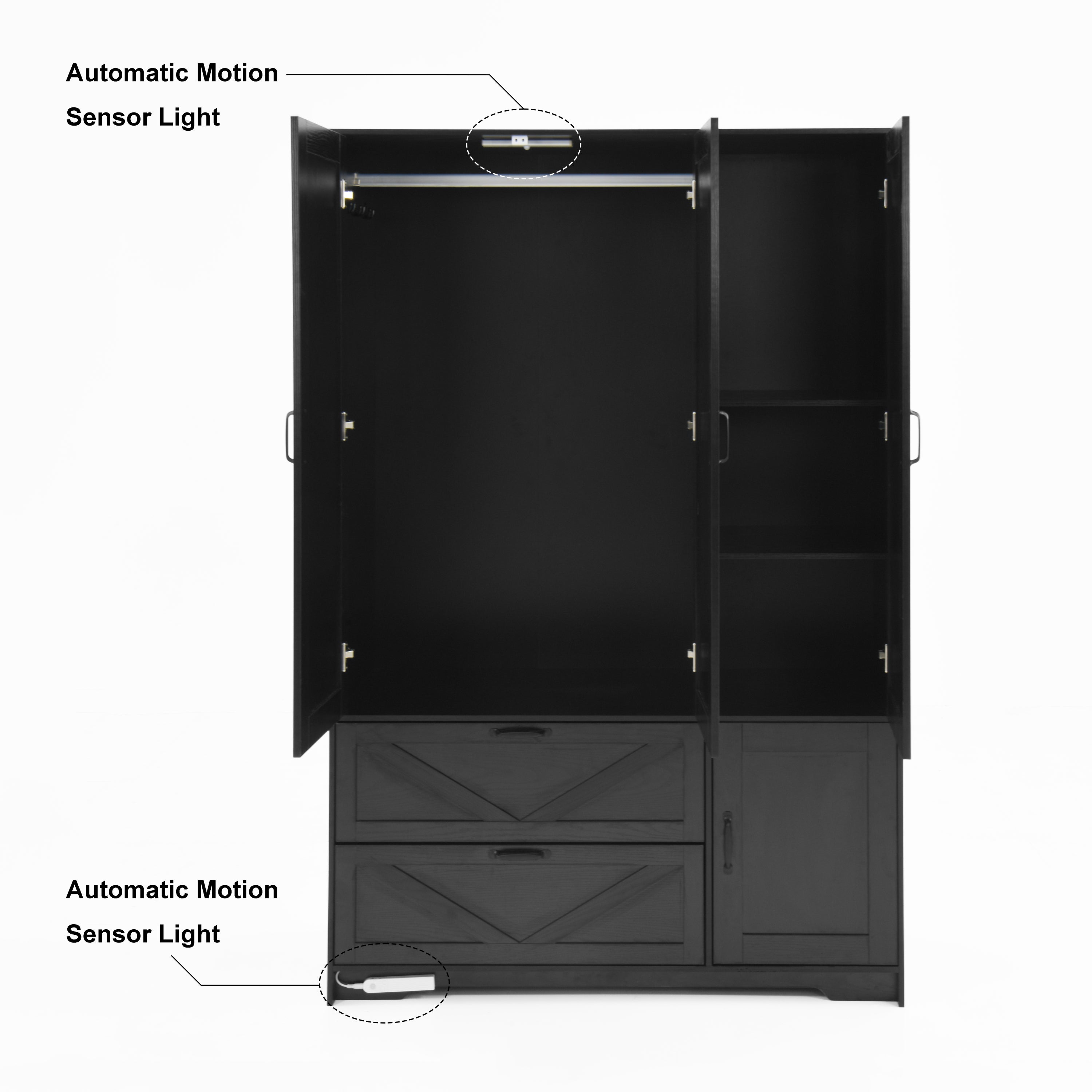 4 Doors Wardrobe Closet with Mirror, LED Wardrobe with Doors and 2 Drawers, Wooden Wardrobe Storage Cabinet with Hanging Rod, Adjustable Shelves, Black - Grand Goldman Shop