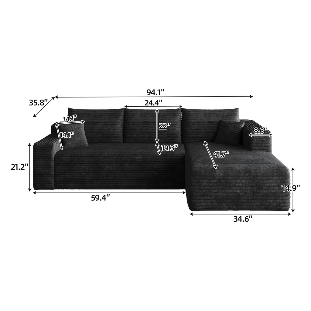 95' Cloud Sectional Sofa,Modern Minimalist Upholstered Couches, Comfort U Shaped Sofa for Living Room,Deep Seat Corner Couch,No Assembly Required,Black (Plush Corduroy Fabric) - Grand Goldman Shop