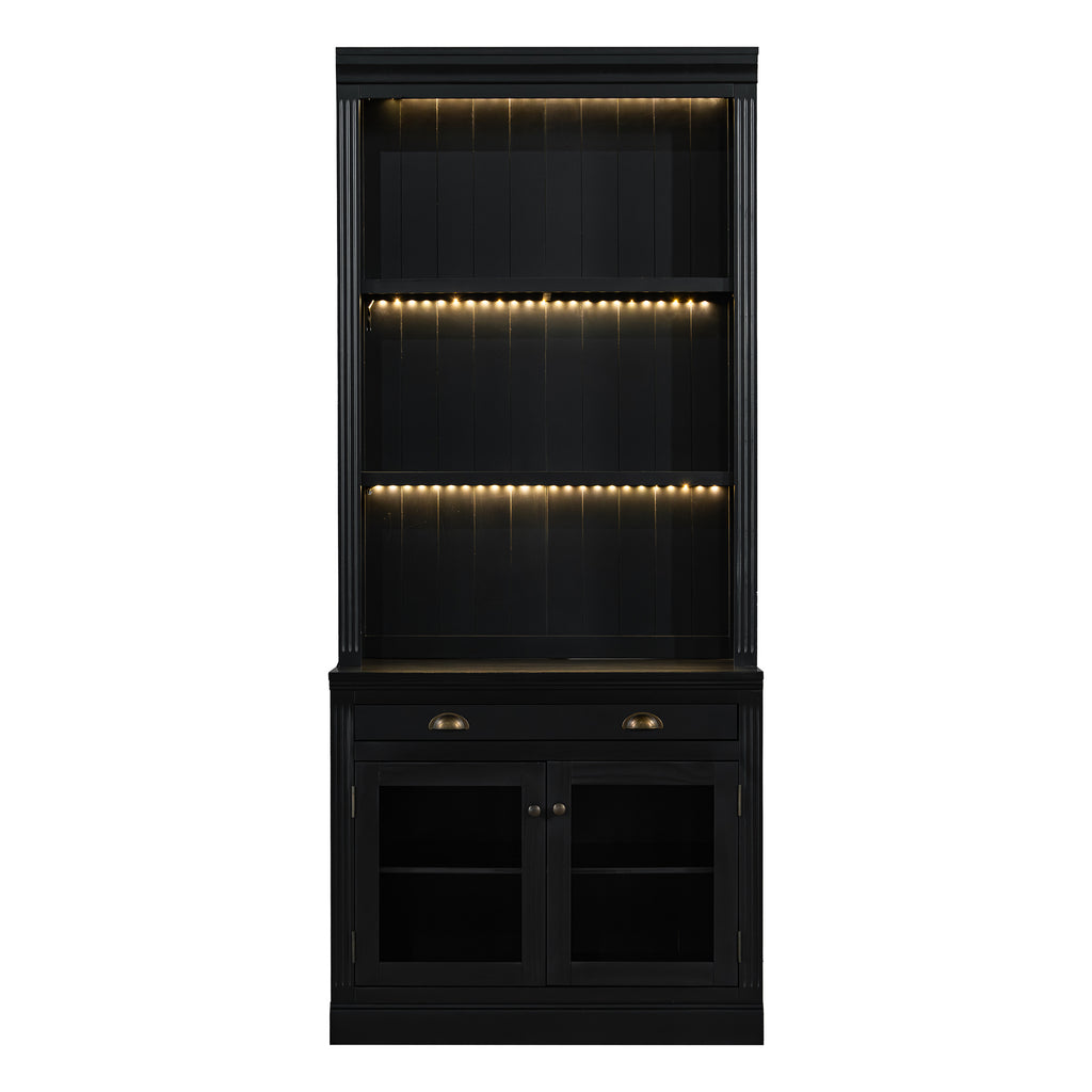 83.4'Tall Bookshelf with 3 pieces LED Lighting, Modern Bookcase with 2 Glass Doors and 1 Drawer,Storage Bookcase with Open Sh