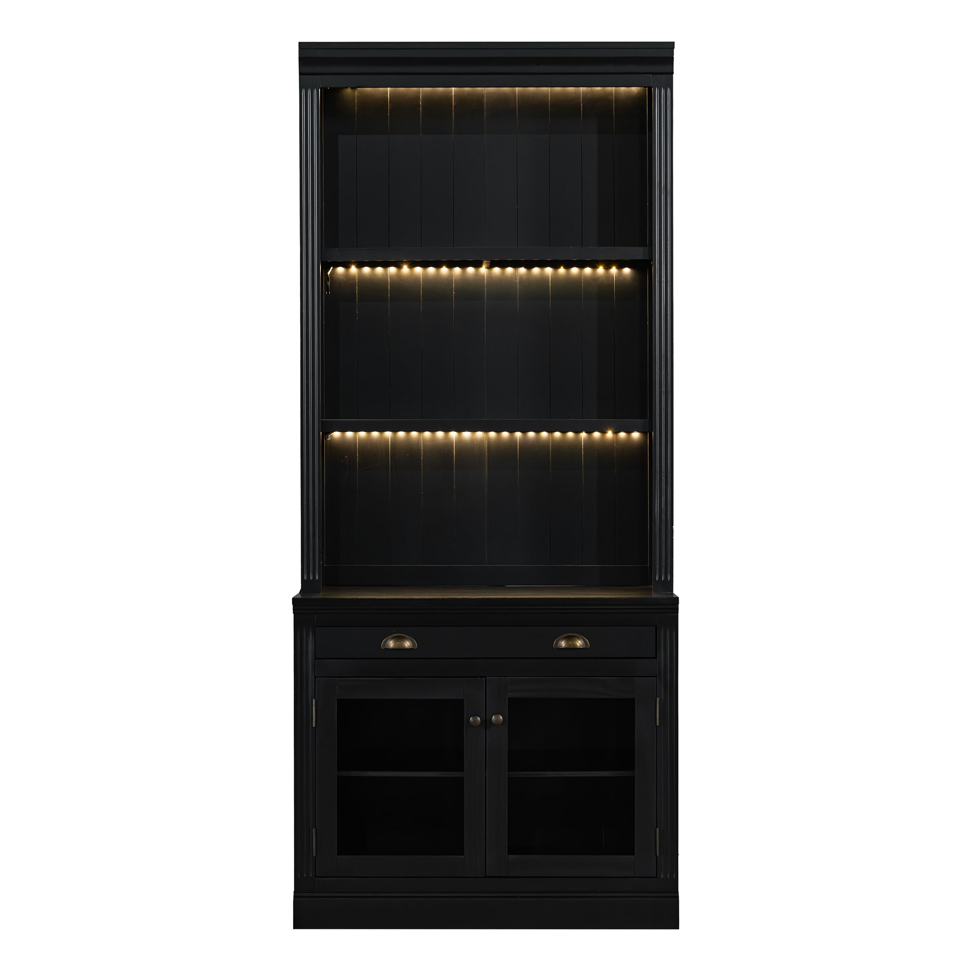 83.4'Tall Bookshelf with 3 pieces LED Lighting, Modern Bookcase with 2 Glass Doors and 1 Drawer,Storage Bookcase with Open Sh