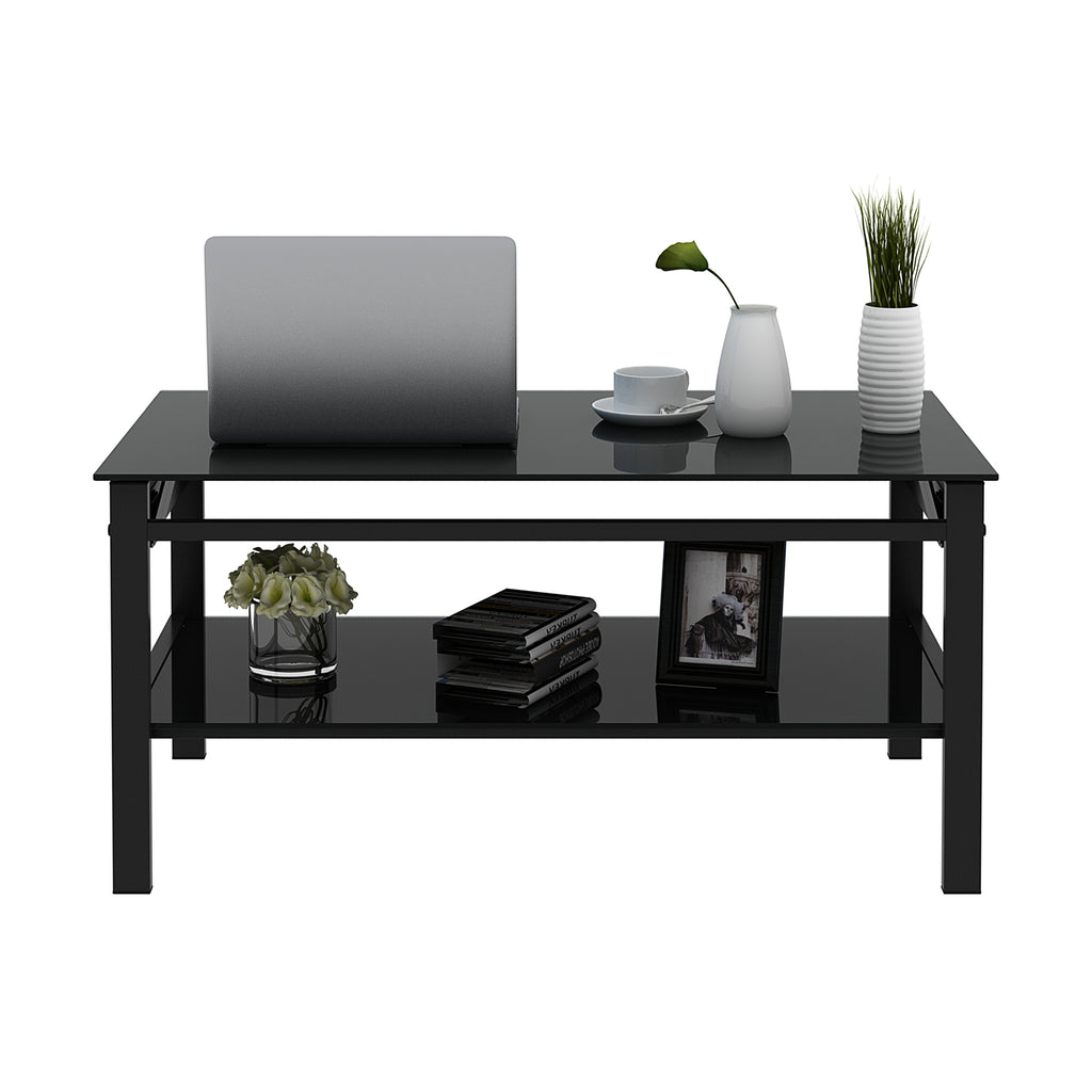Modern Simple Lift Top Coffee Table with 2-Layer Tempered Glass in Black for Living Room - Grand Goldman Shop