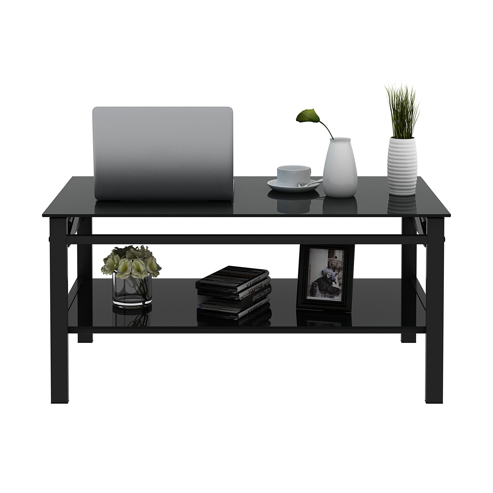 Modern Simple Lift Top Coffee Table with 2-Layer Tempered Glass in Black for Living Room - Grand Goldman Shop