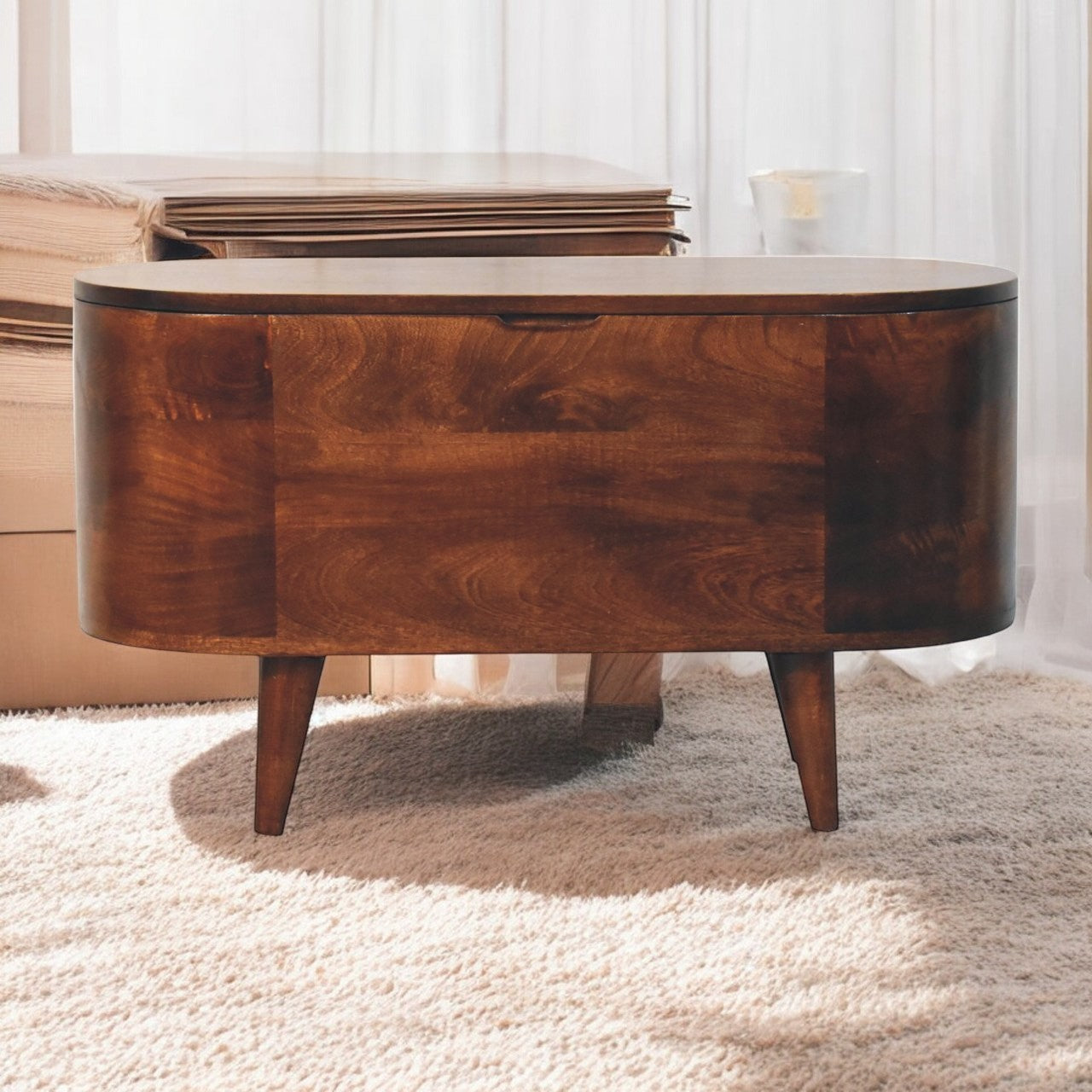 Solid Wood Curved California Walnut Blanket Box, Nordic Legs, Brown - Grand Goldman Shop