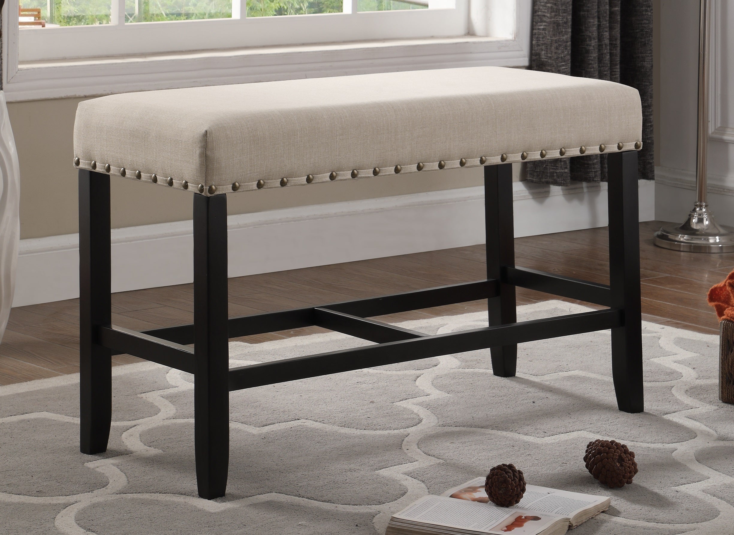 Biony Fabric Counter Height Dining Bench with Nailhead Trim, Tan - Grand Goldman Shop