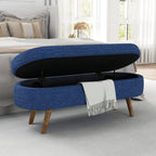 Ottoman Oval Storage Bench with Rubber Wood Legs in Blue Linen with Foam Padding - Grand Goldman Shop