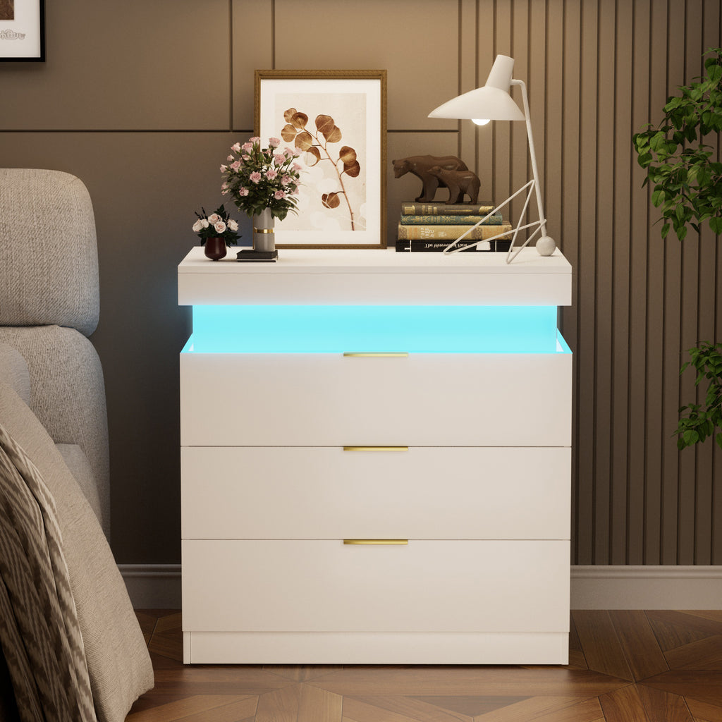 Nightstand with Charging Station and LED Lights,Night Stand with Sliding Top for Bedroom,Bedside Table with Drawers,Modern End Side Table,White.28.8''W x 17''D x 30.5''H. - Grand Goldman Shop