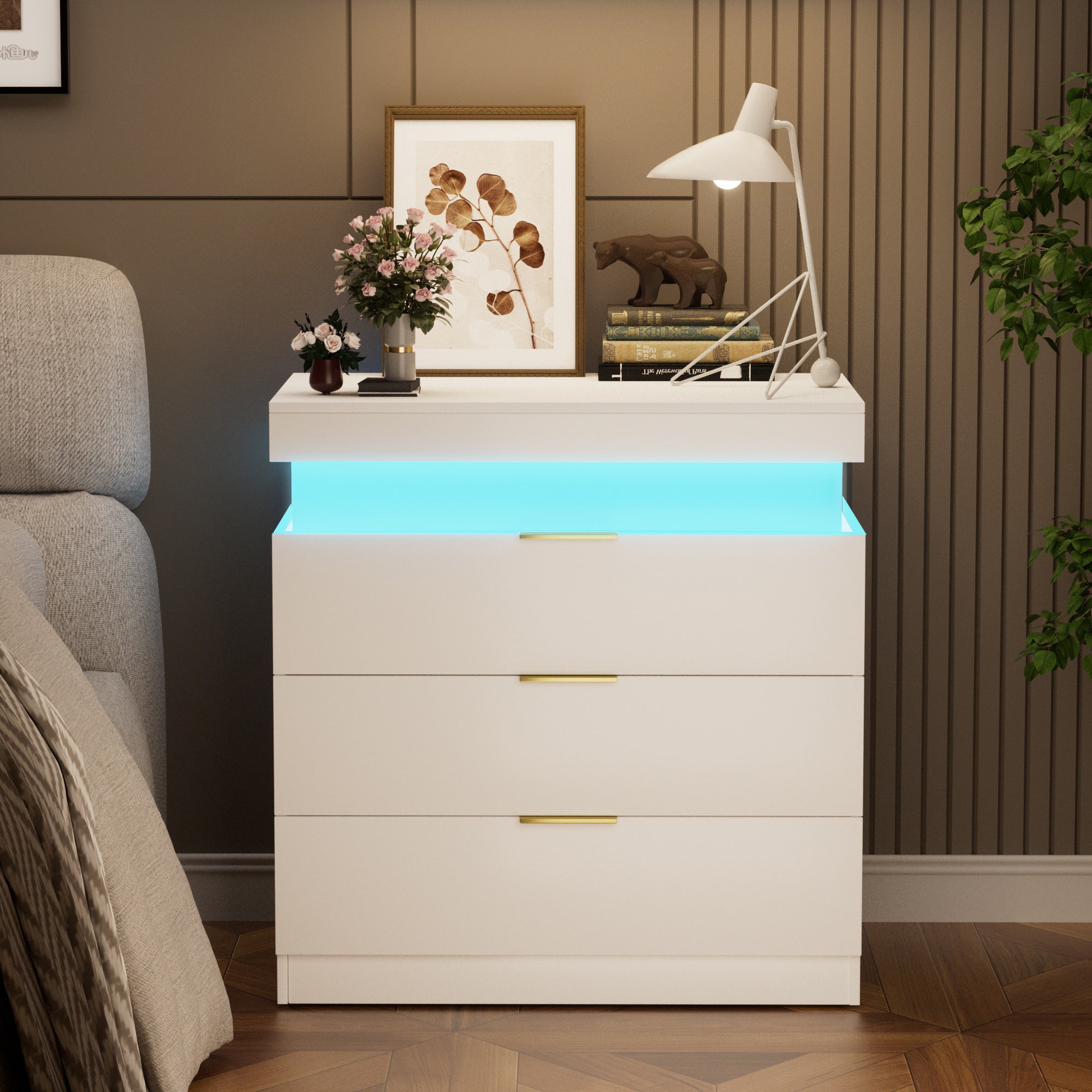 Nightstand with Charging Station and LED Lights,Night Stand with Sliding Top for Bedroom,Bedside Table with Drawers,Modern End Side Table,White.28.8''W x 17''D x 30.5''H. - Grand Goldman Shop