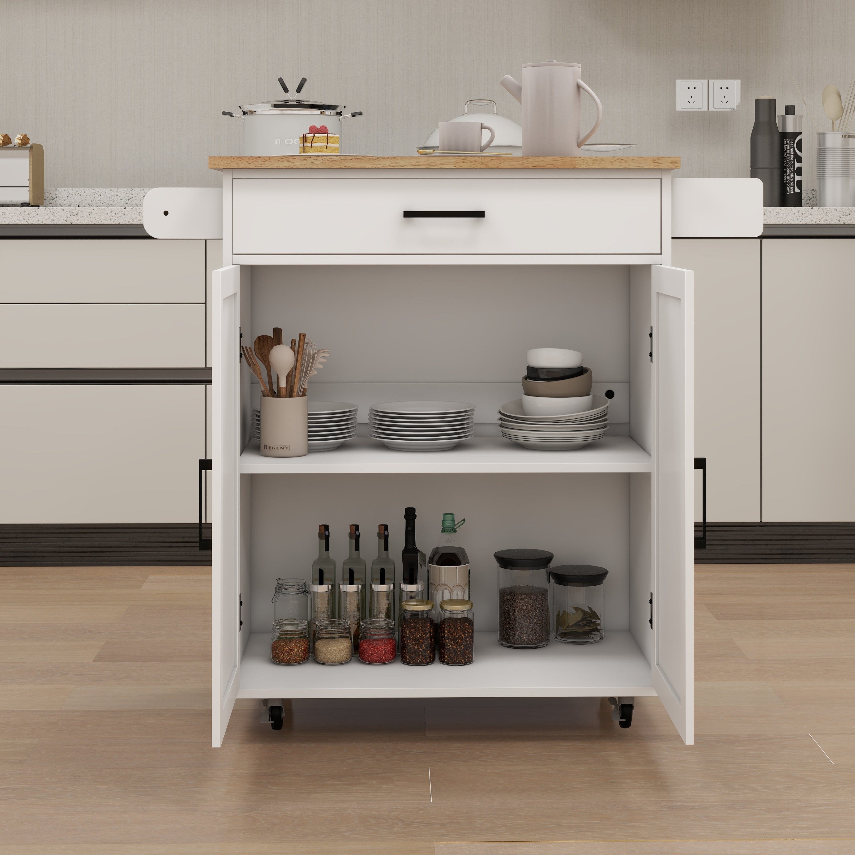 Kitchen island rolling trolley cart with Adjustable Shelves & towel rack & seasoning rack rubber wood table top-White - Grand Goldman Shop