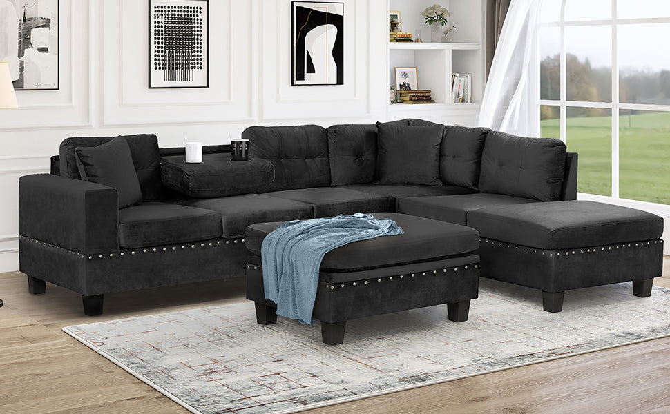Modern Sectional Sofa with Storage Ottoman, L-Shape Couch with 2 Pillows and Cup Holders, Black Velvet, 105' - Grand Goldman Shop
