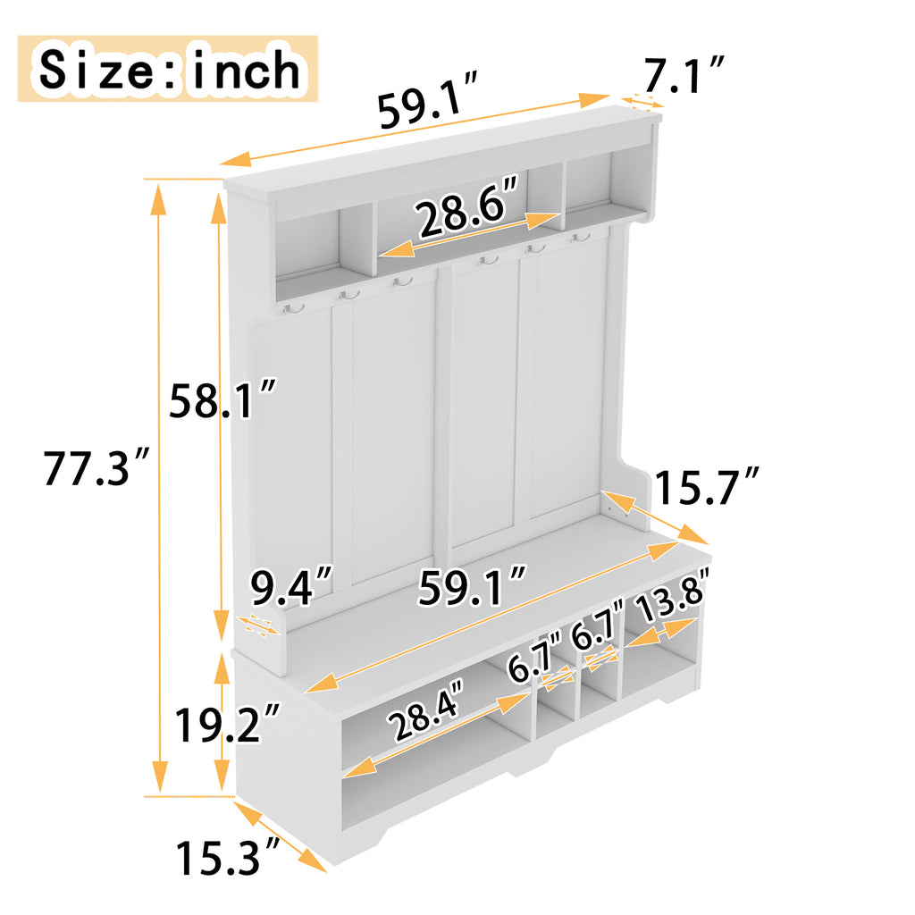 Modern Hallway Hall Tree with Metal Hooks and Storage Space, Multi-Functional Entryway Coat Rack with Shoe Cubbies, White - Grand Goldman Shop