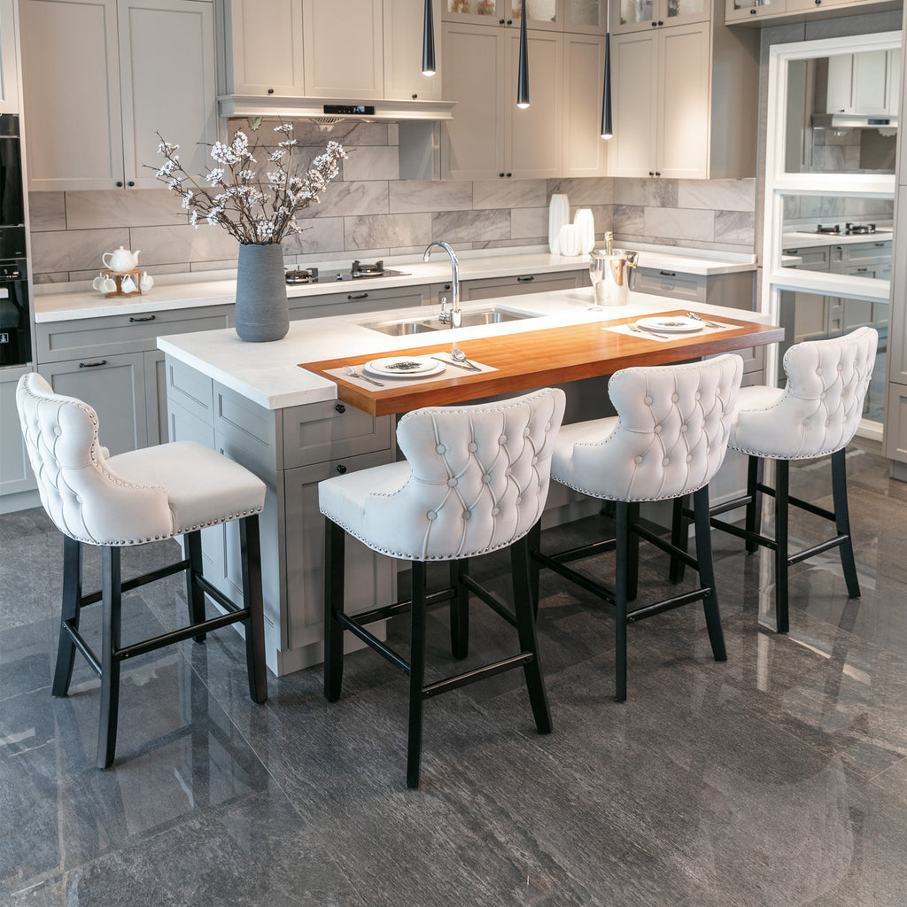 A&A Furniture,Contemporary Velvet Upholstered Wing-Back Barstools with Button Tufted Decoration and Wooden Legs, and Chrome Nailhead Trim, Leisure Style Bar Chairs,Bar stools, Set of 2 (Beige),SW1824B - Grand Goldman Shop