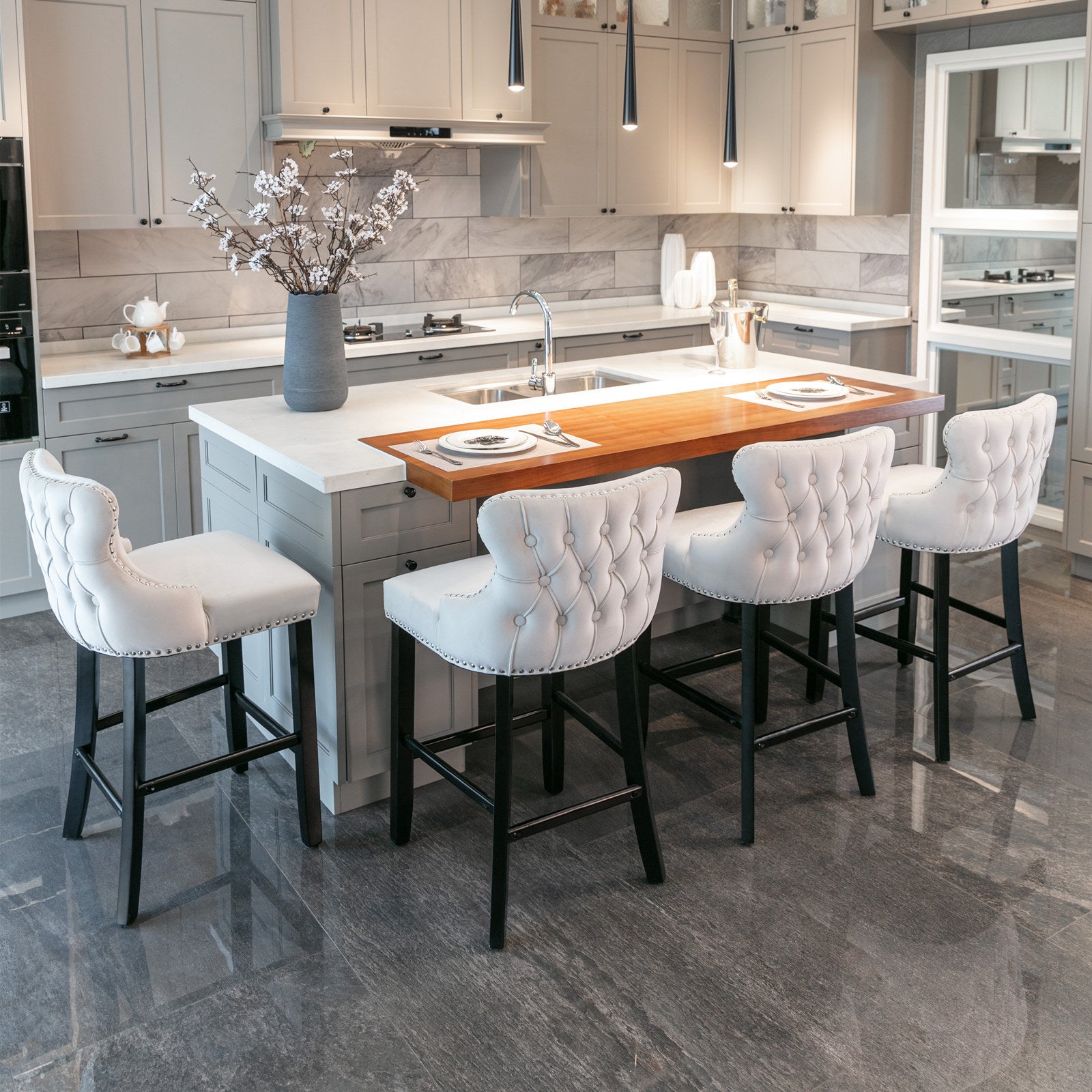 A&A Furniture,Contemporary Velvet Upholstered Wing-Back Barstools with Button Tufted Decoration and Wooden Legs, and Chrome Nailhead Trim, Leisure Style Bar Chairs,Bar stools, Set of 2 (Beige),SW1824B - Grand Goldman Shop