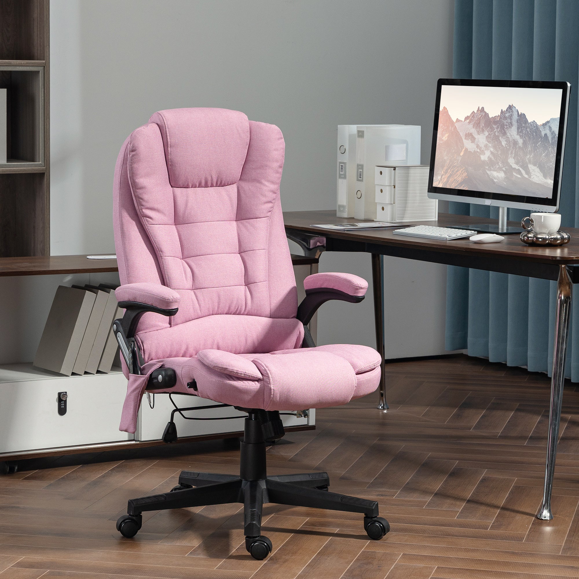 HOMCOM 6 Point Vibrating Massage Office Chair with Heat, Linen High Back Executive Office Chair with Reclining Backrest, Padd