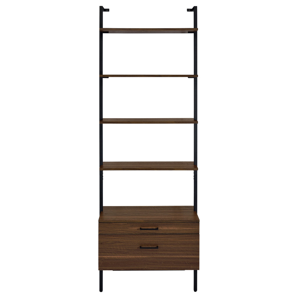 Wendell Walnut 4-Shelf Storage Wall Bookshelf with Drawer - Modern Industrial Style, Walnut Finish, Engineered Wood, 96in H x