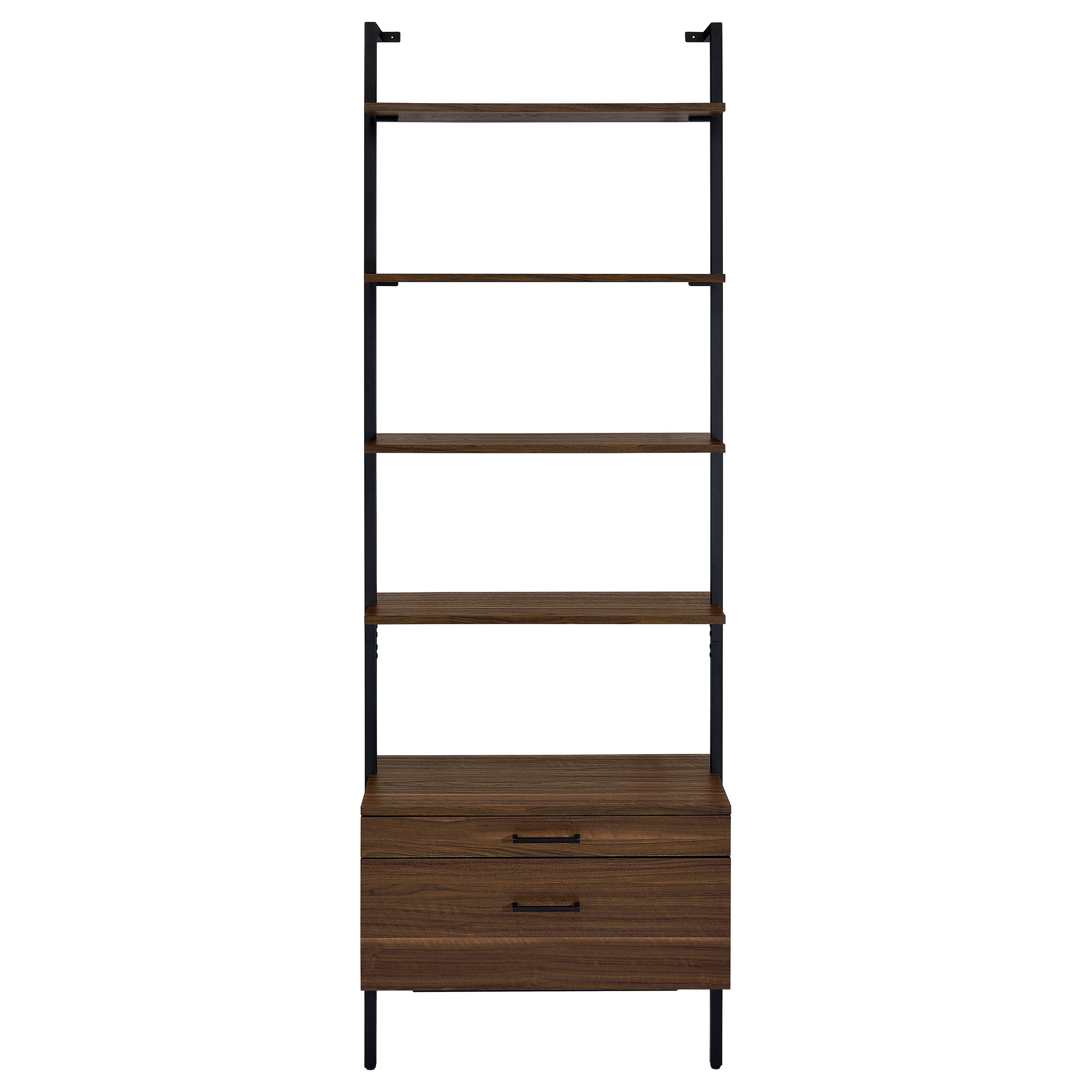 Wendell Walnut 4-Shelf Storage Wall Bookshelf with Drawer - Modern Industrial Style, Walnut Finish, Engineered Wood, 96in H x