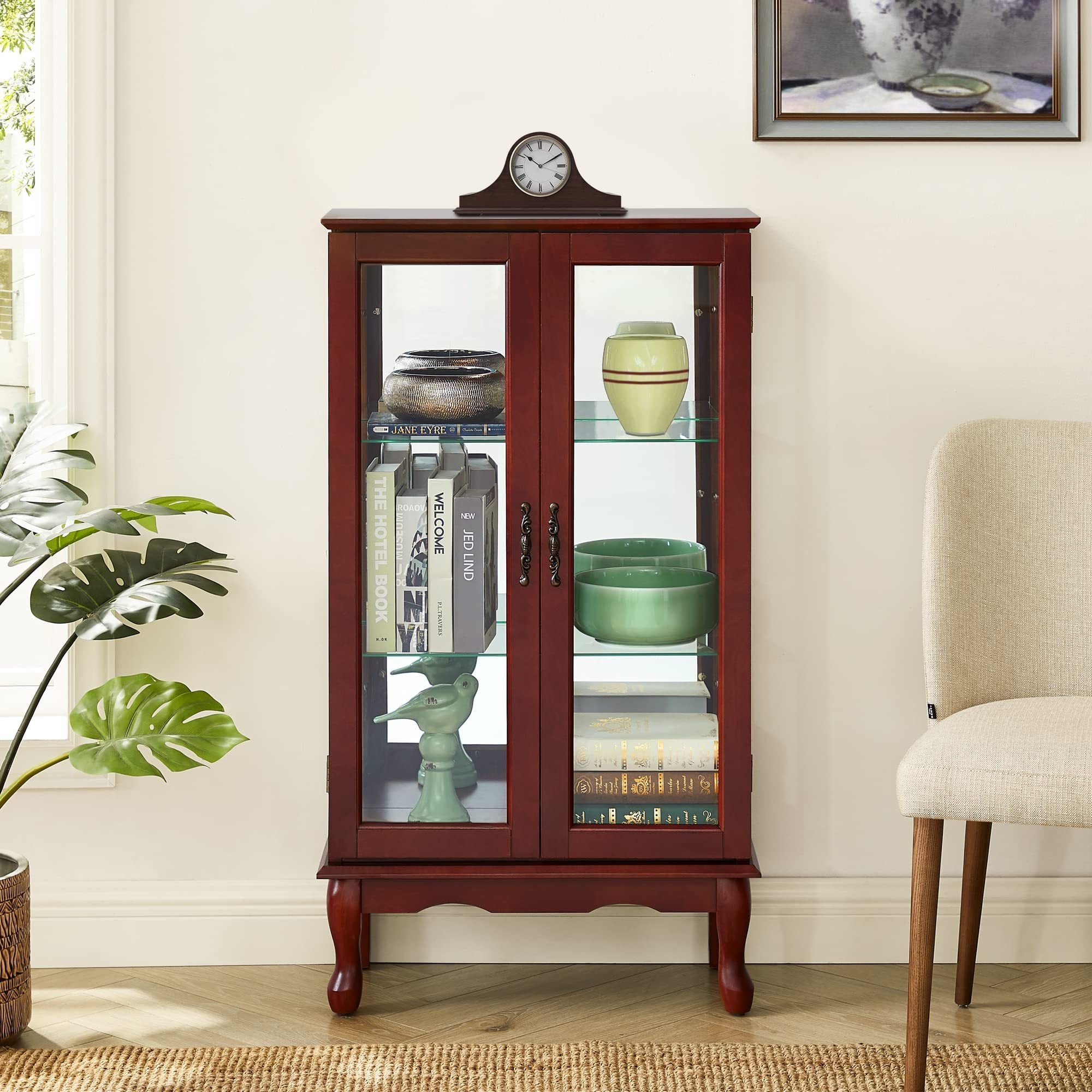 Lighted Curio Cabinet with Adjustable Shelves, Mirrored Back Panel, and Tempered Glass Doors, 3-Tier Cherry Finish - Grand Goldman Shop
