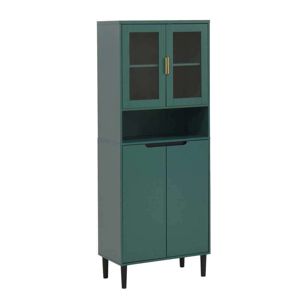 Tempered Glass Door Tall Storage Bookcase with adjustable board, 4 doors MDF painting finished cabinet, Green, Living room Bedroom storage - Grand Goldman Shop
