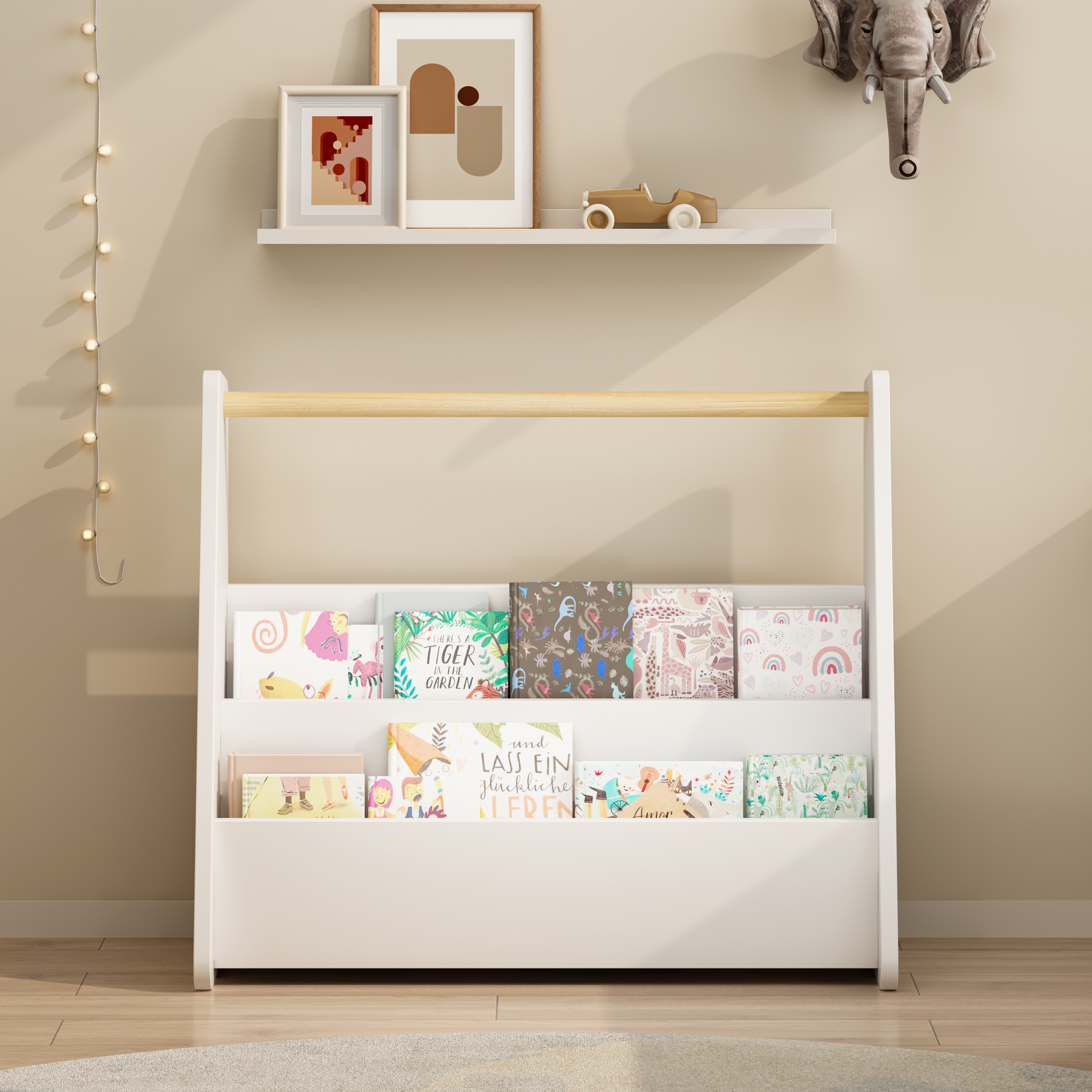 Kids Bookshelf with Wooden Handle, 2-Tier Front-Facing Toddler Bookcase, Portable Children's Book Storage Organizer for Bedro