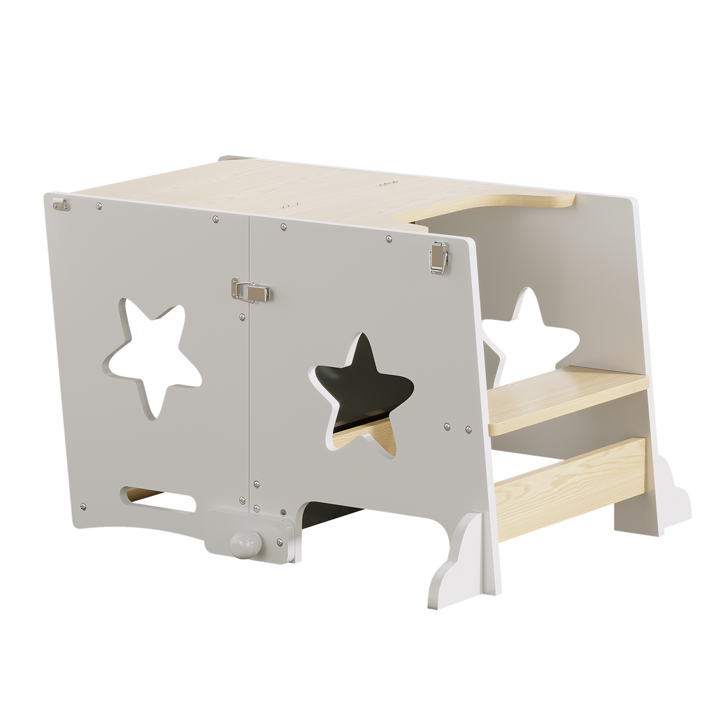 3-in-1 Toddler Kitchen Step Stool, Foldable Learning Standing Tower with Blackboard, Wooden Kitchen Stool Helper for Kids, 1-